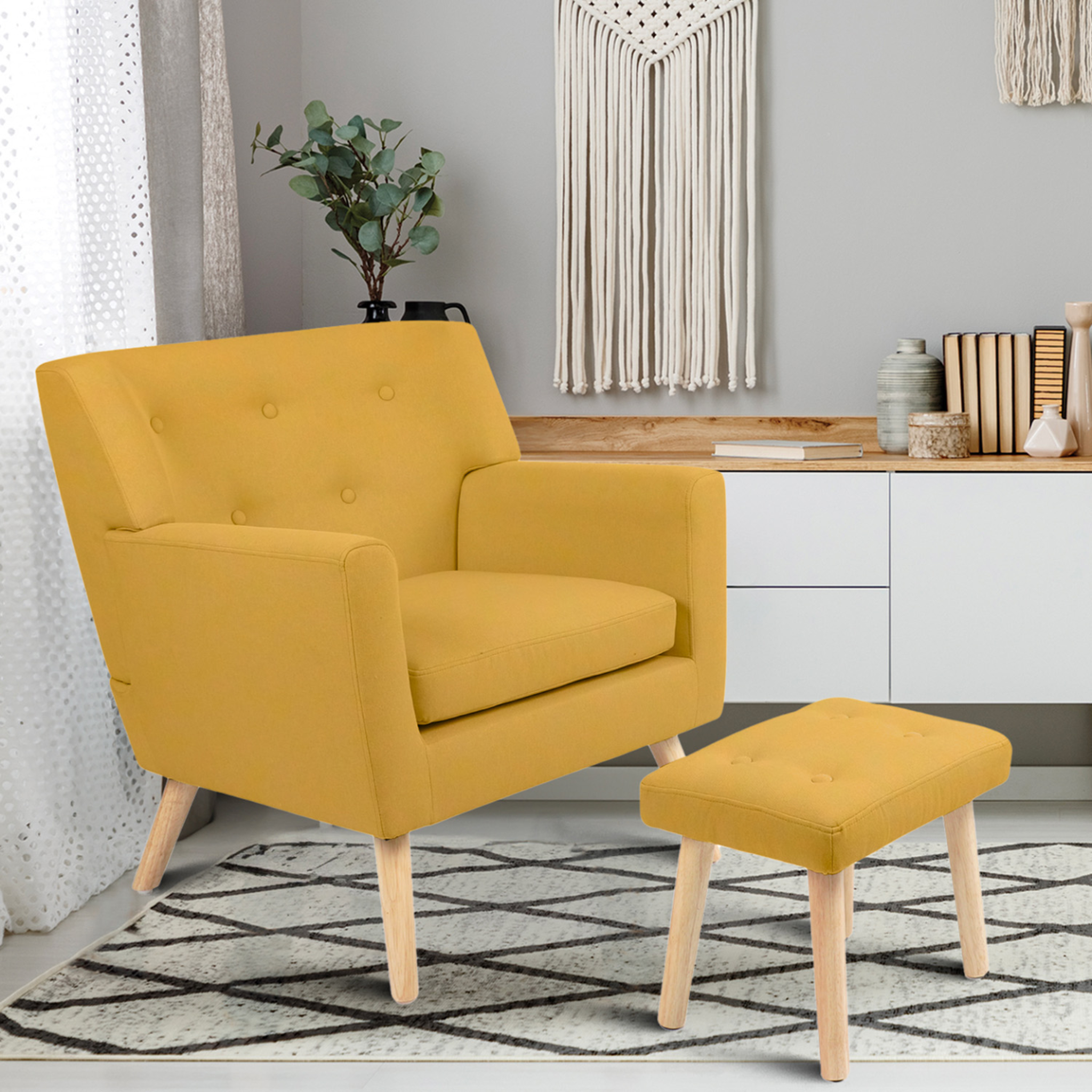 Voir la diapositive 2 : ID MARKET Fauteuil scandinave liv avec repose pieds en tissu jaune