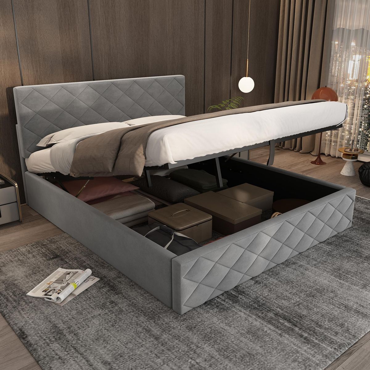 MERAX Lit coffre rembourré 140x200cm velours coloris gris