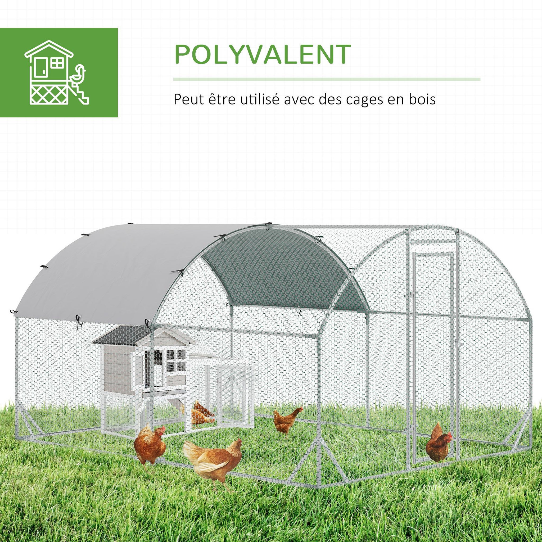 Voir la diapositive 5 : PAWHUT Enclos poulailler chenil 10,64 m² - parc grillagé dim. 3,8L x 2,8l x 1,97H m - espace couvert - acier galvanisé