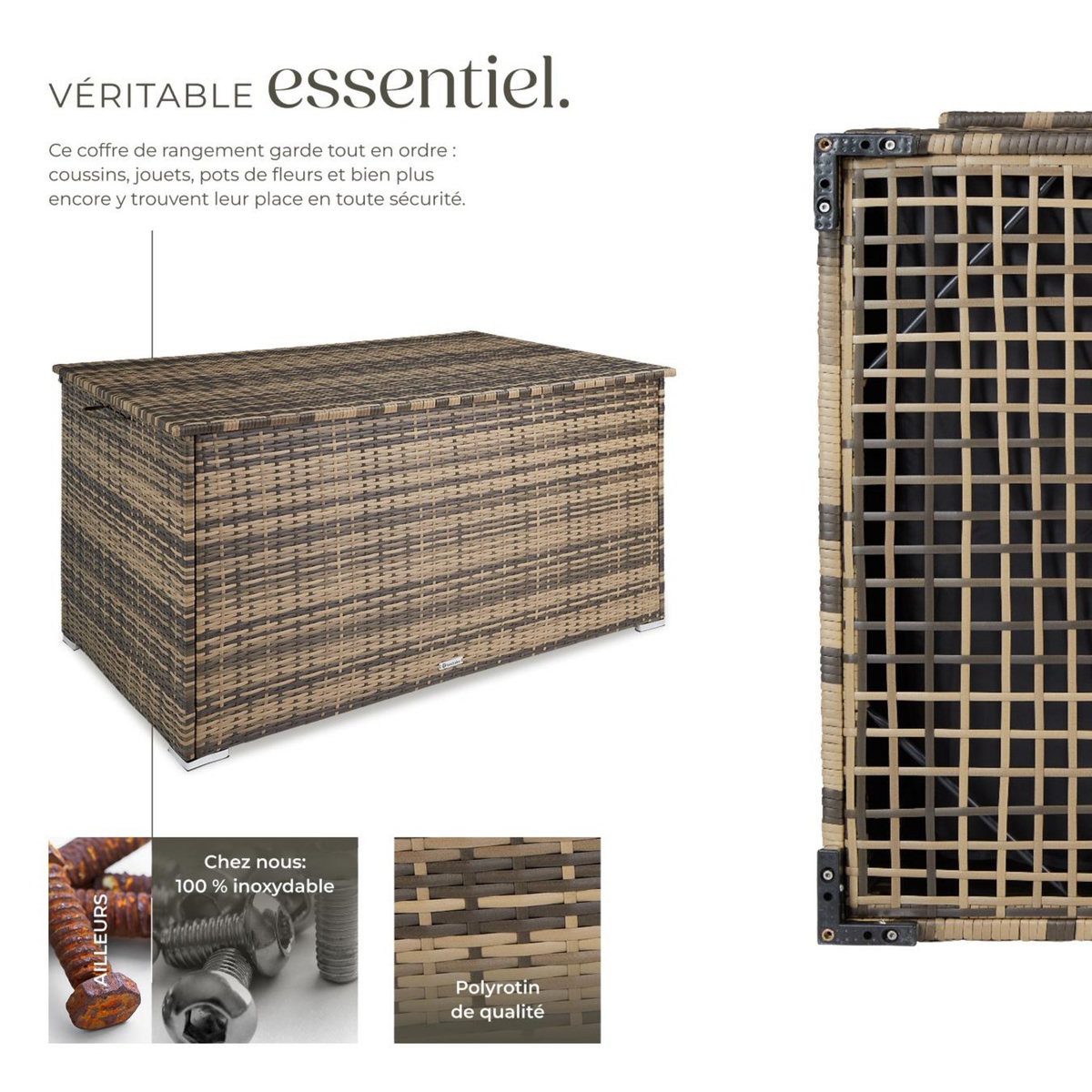 tectake Coffre de jardin caisse de rangement pour coussins 750 l, avec cadre en aluminium et tressage en rotin marron naturel
