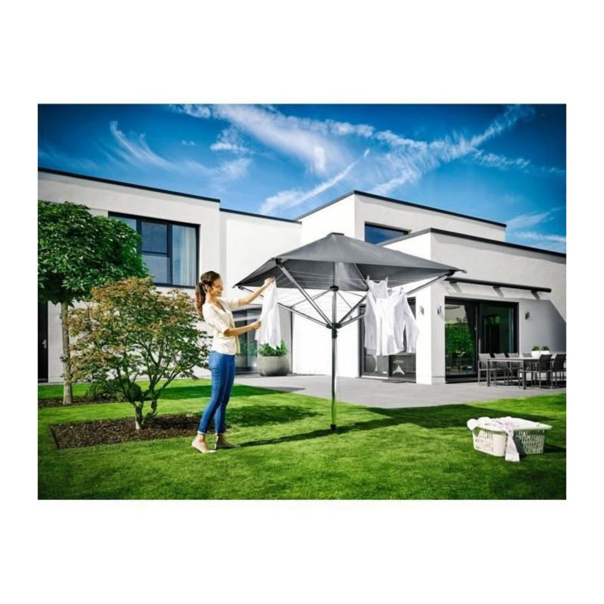 Leifheit LEIFHEIT 82100 Sechoir parapluie LinoProtect 400, etendoir parapluie avec toit etanche, sechoir jardin inclus douille de sol