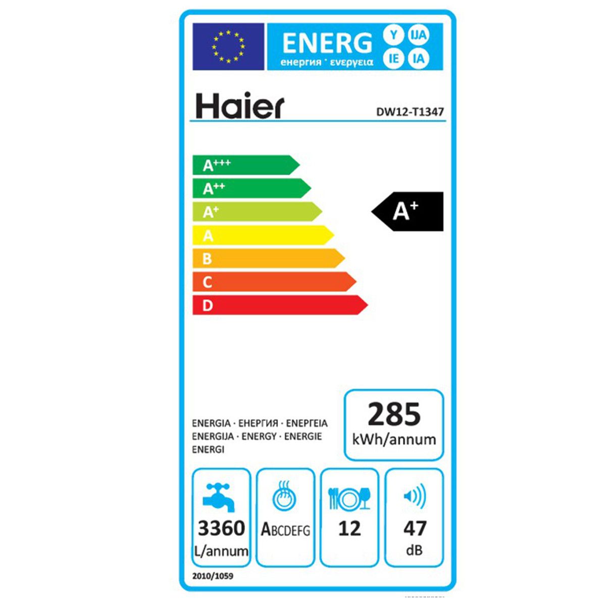 HAIER Lave-vaisselle pose libre DW12-T1347, 12 Couverts, 60 cm, 47 dB, 6 Programmes