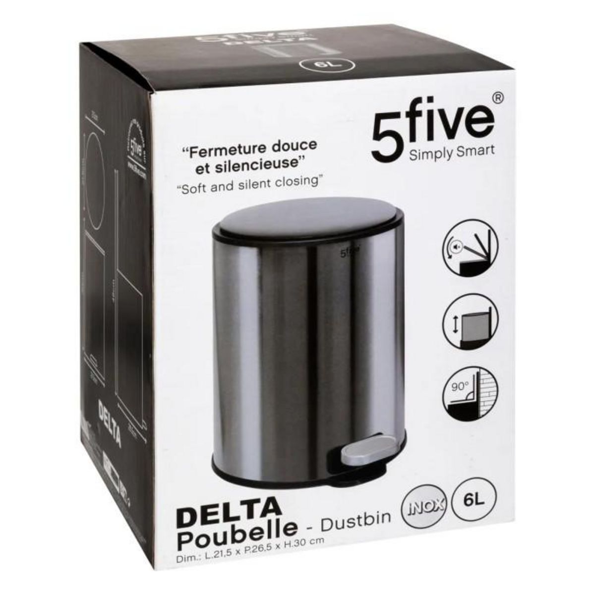 FIVE Poubelle en Métal  Delta  6L Inox Noir
