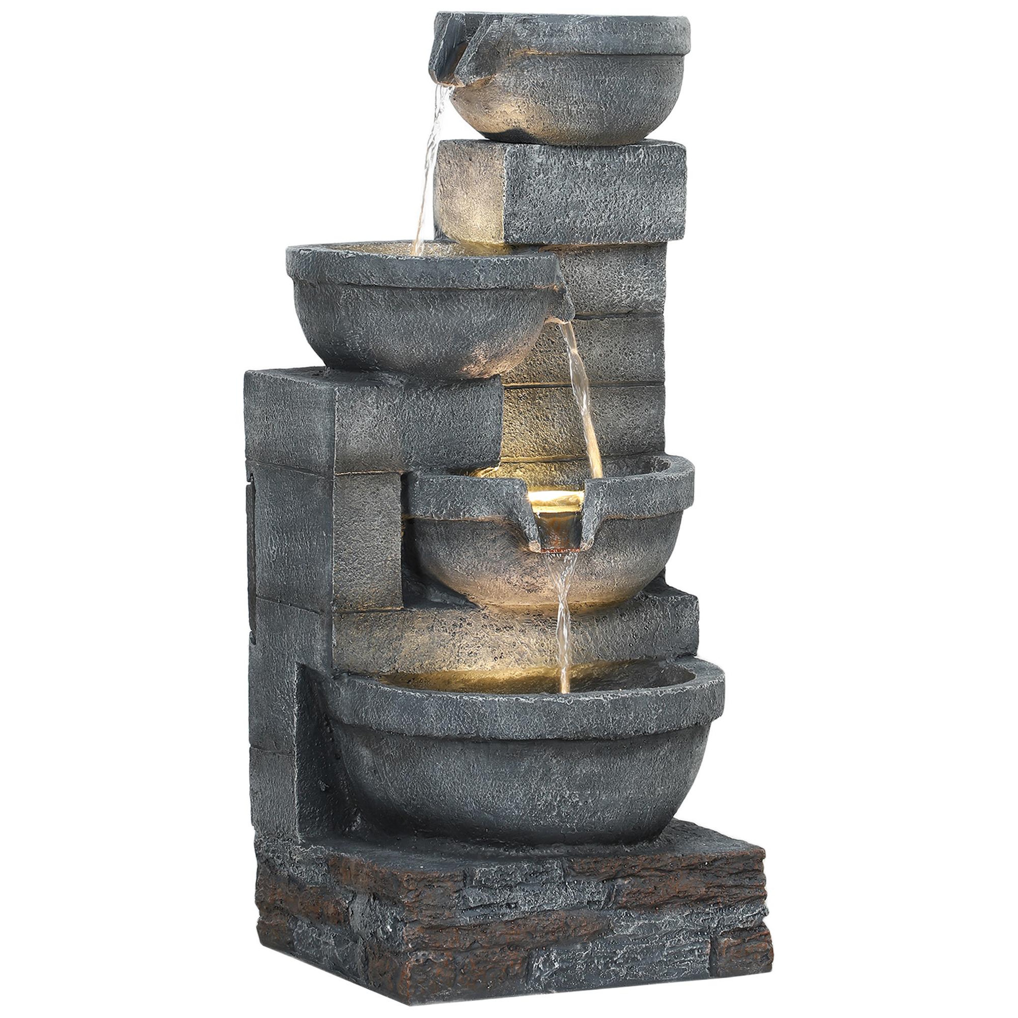 Voir la diapositive 1 : OUTSUNNY Fontaine de jardin en cascade avec éclairage LED 4 niveaux - pompe inclus - 38 x 35 x 78,5 cm - résine gris