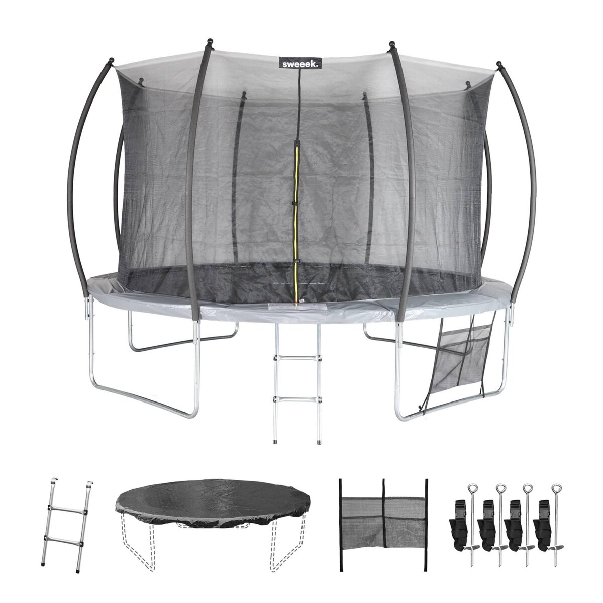 SWEEEK Trampoline rond Ø 370cm gris - Saturne Inner XXL – trampoline de jardin avec filet de protection intérieur. échelle. bâche. filet pour chaussures et kit d'ancrage