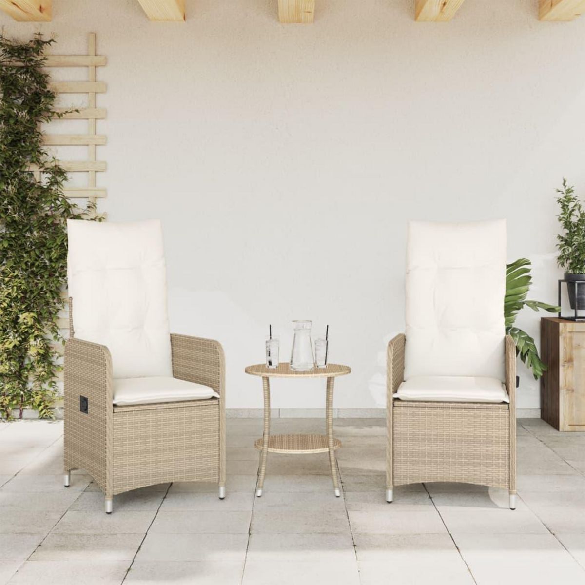 VIDAXL Chaises inclinables de jardin lot de 2 avec table beige rotin