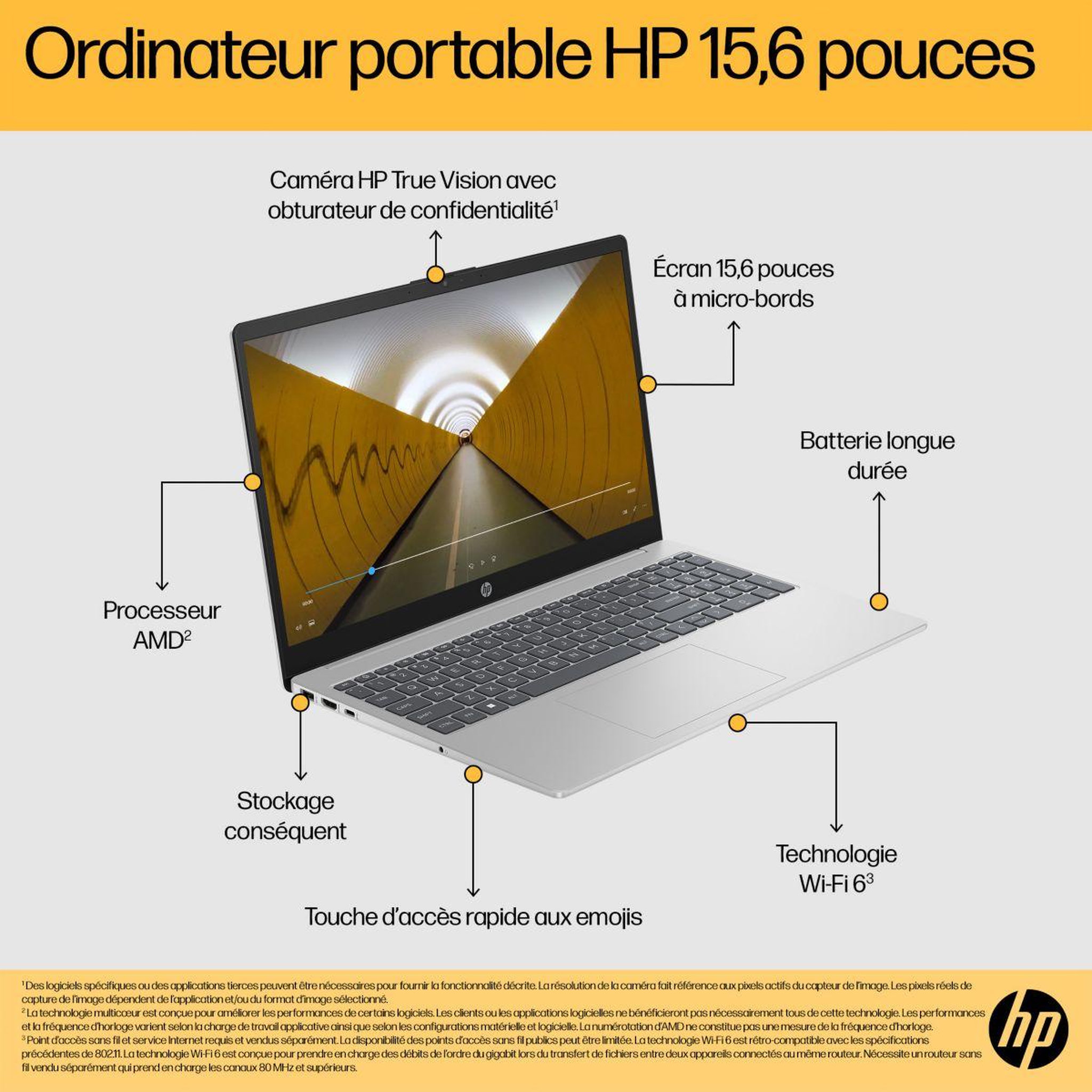 Voir la diapositive 4 : HP Ordinateur portable 15-fc0132nf 15,6  amd ryzen 5 7520u 16 go ram lpddr4 ssd 512 go