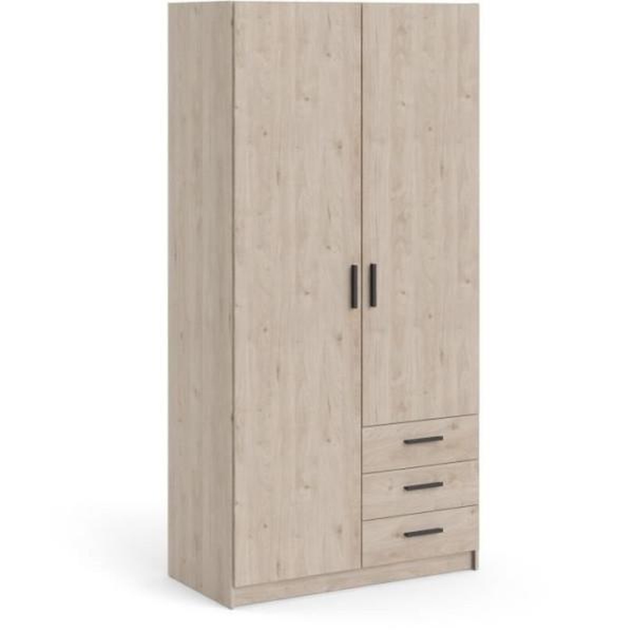 Voir la diapositive 1 : TVILUM Armoire VEGA - Décor chene - 2 portes + 3 tiroirs - L 98,5 x P 49,6 x H 200,4 cm