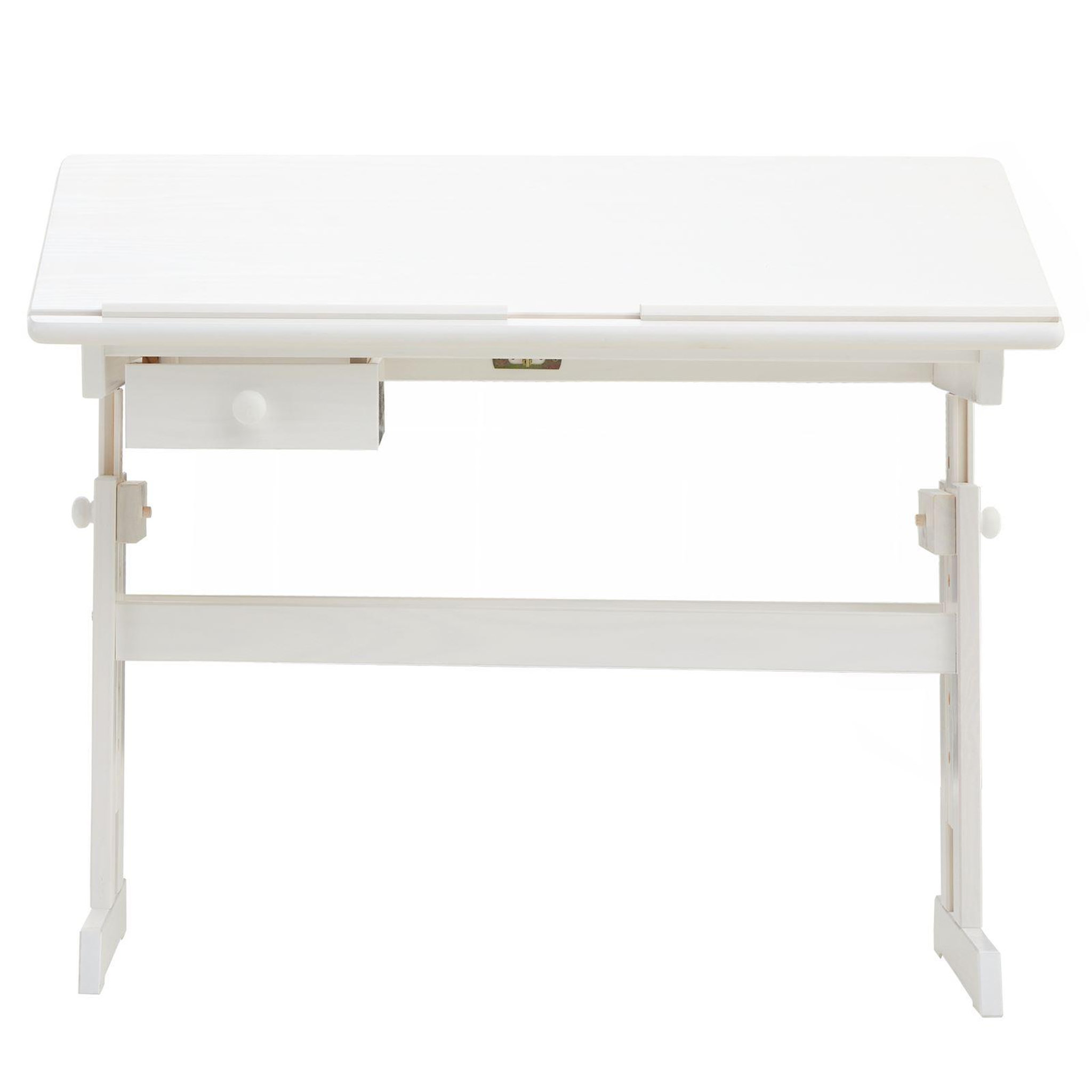 Voir la diapositive 4 : IDIMEX Bureau enfant écolier junior FLEXI table à dessin réglable en hauteur et pupitre inclinable avec 1 tiroir en pin massif lasuré blanc
