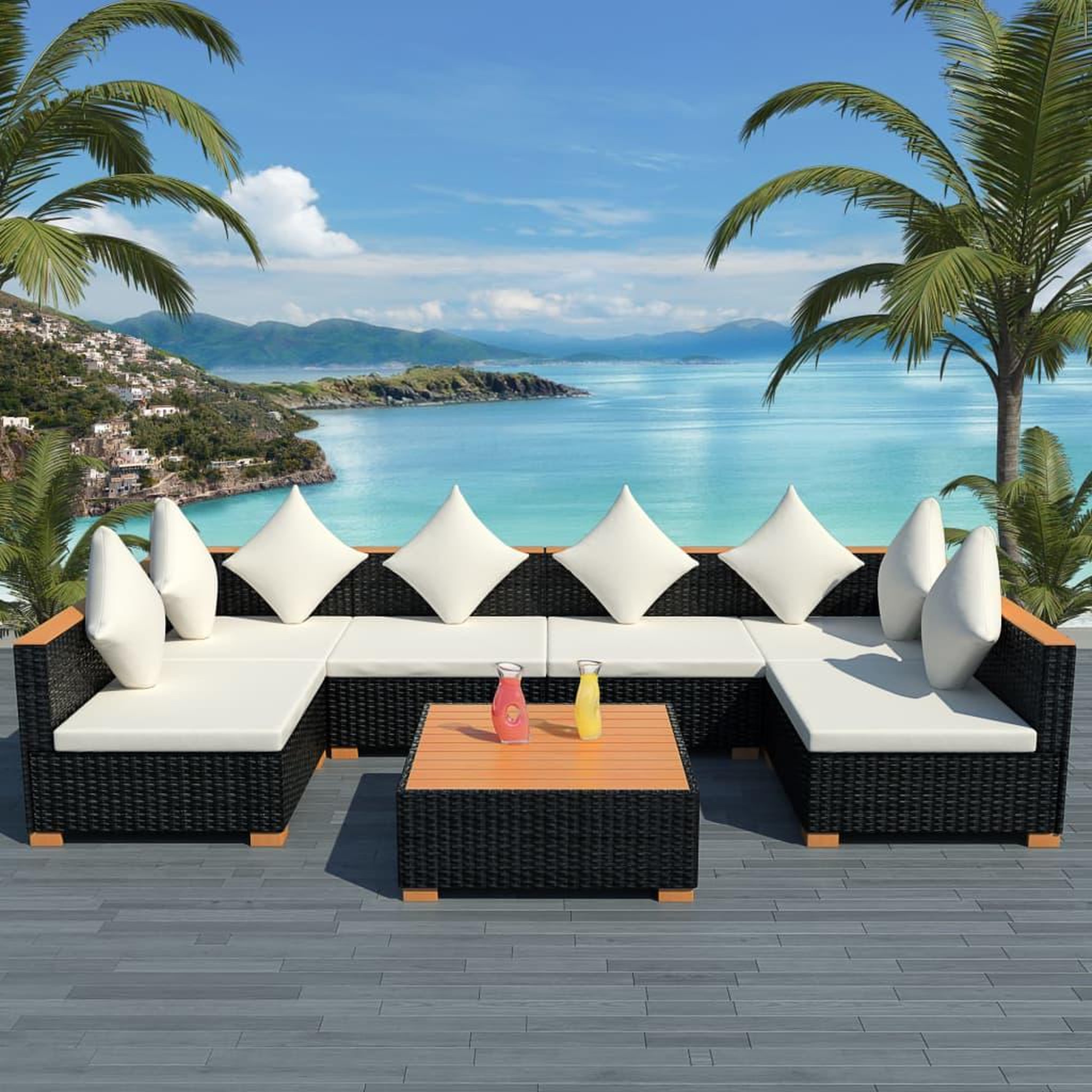 Voir la diapositive 1 : VIDAXL Salon de jardin 7 pcs avec coussins Resine tressee Noir