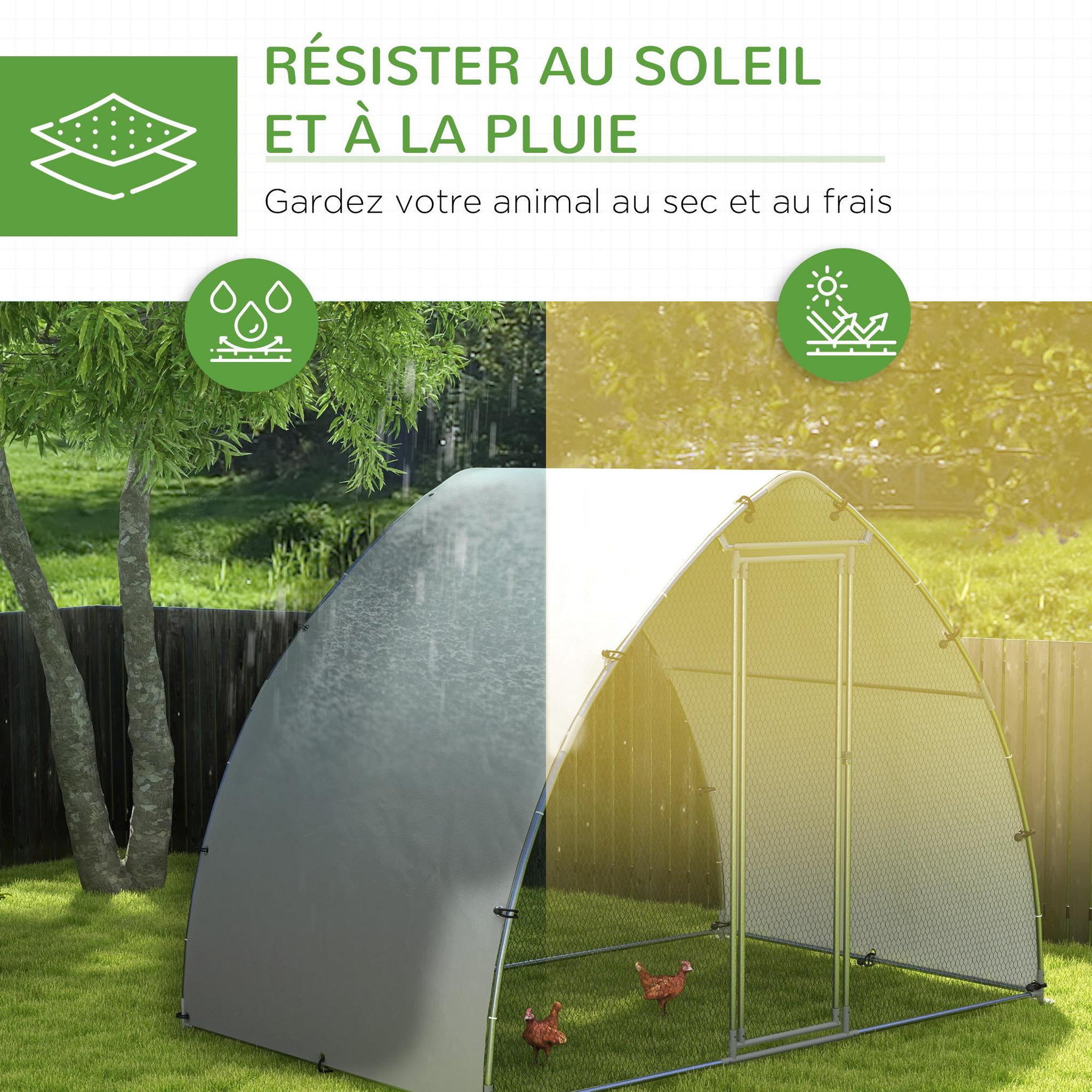 Voir la diapositive 4 : PAWHUT Enclos poulailler chenil 5,75 m² - toit anti-UV, porte verouillable - dim. 3,04L x 1,9l x 2,2H m - acier galvanisé