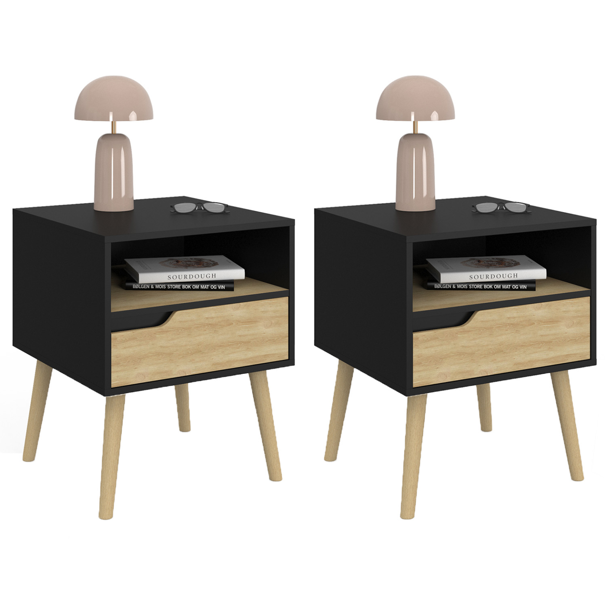 ID MARKET Lot de 2 tables de chevet helsinki scandinaves 1 tiroir avec niche noir et effet hêtre