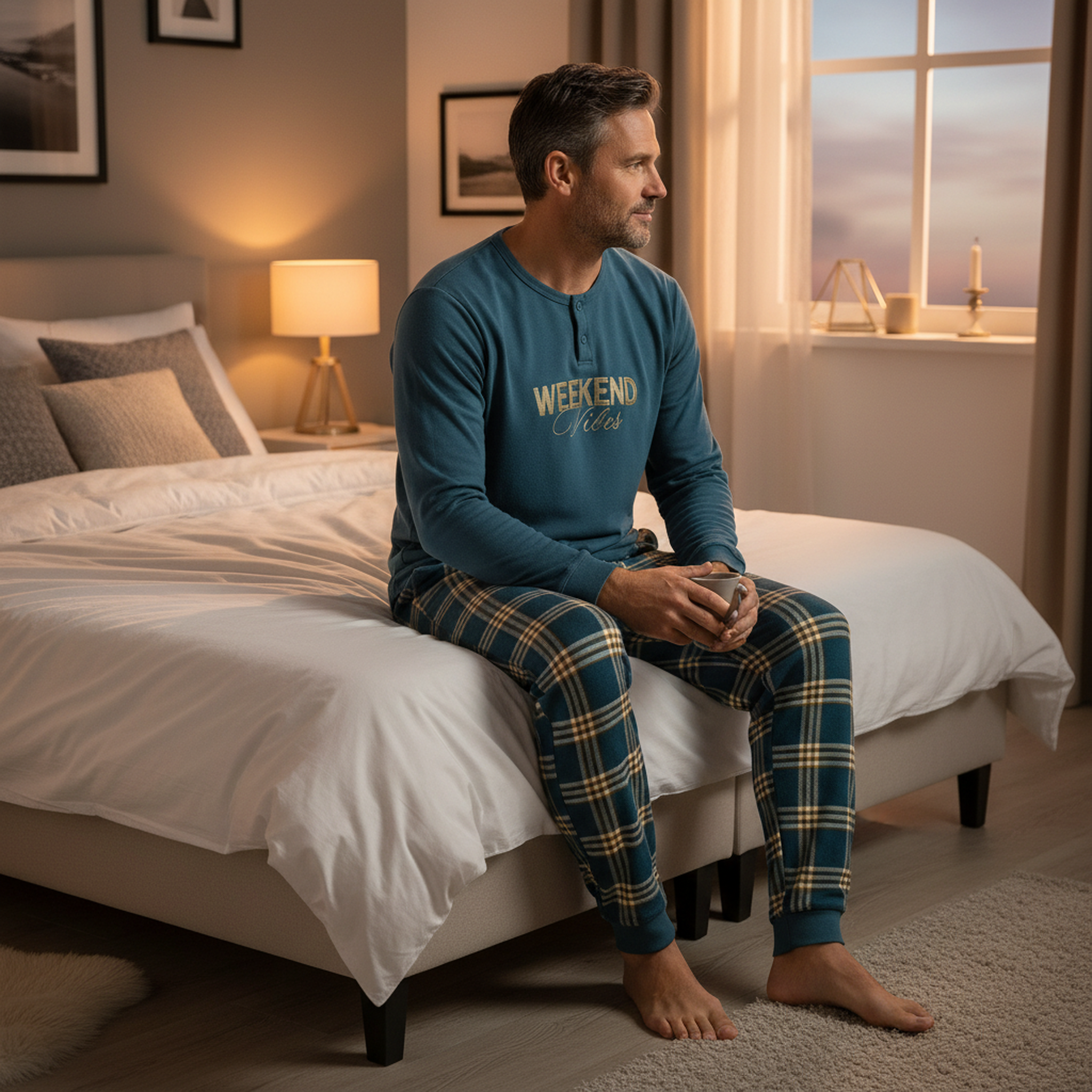 Voir la diapositive 4 : OZABI Ozabi ensemble pyjama homme doublé polaire broderie weekend vibes