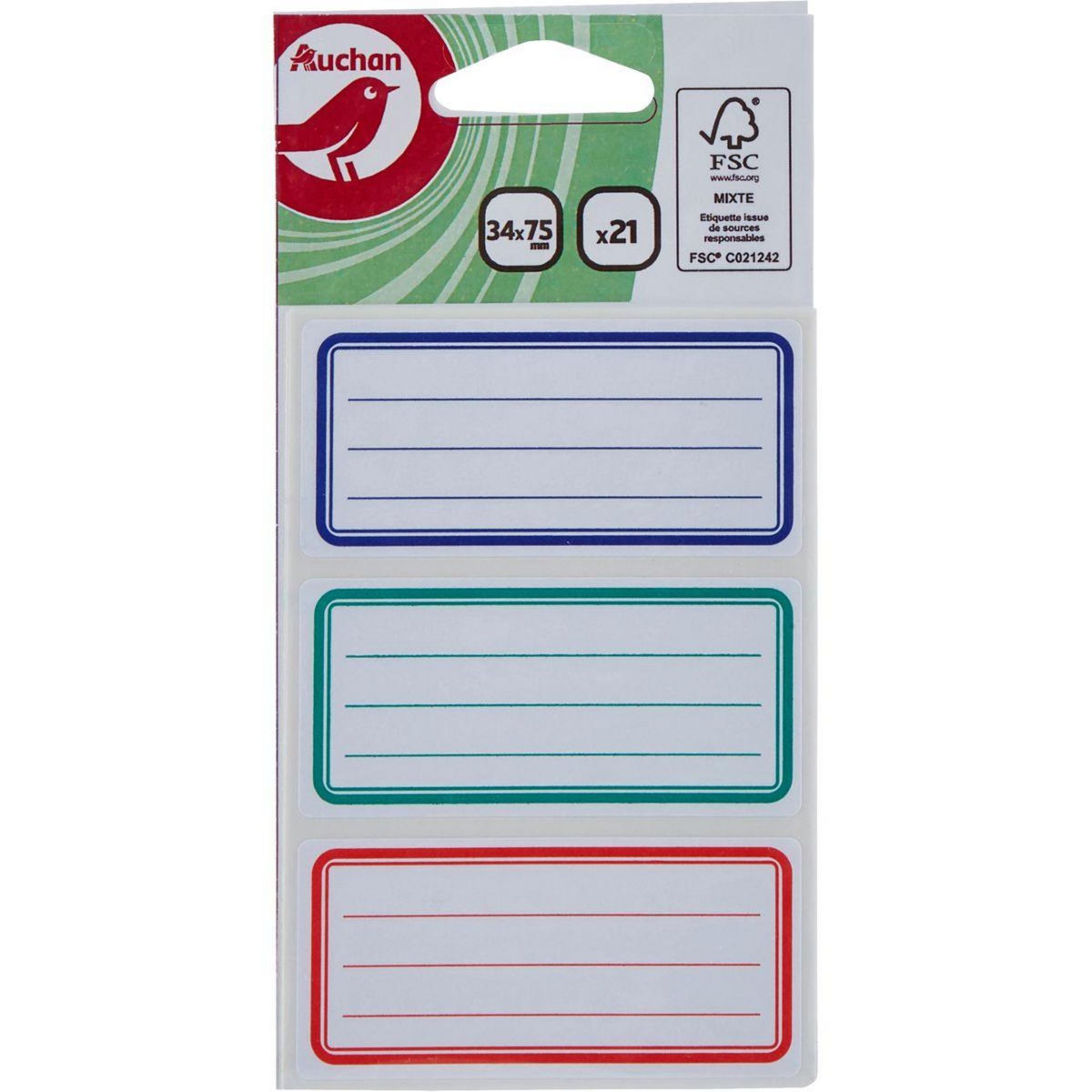 AUCHAN Lot de 21 étiquettes scolaires adhésives 34x75mm lignées 3 couleurs