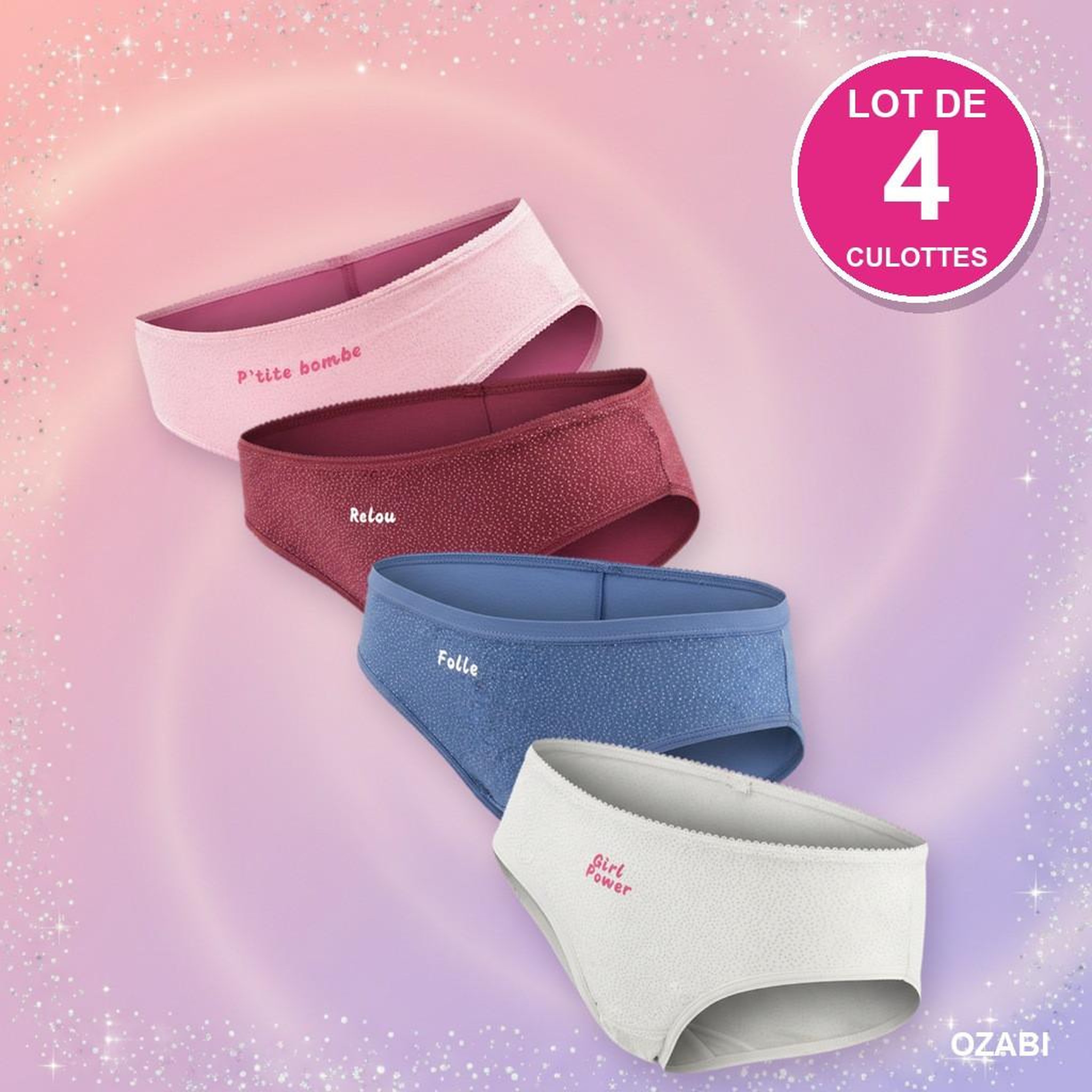 Voir la diapositive 3 : OZABI OZABI Culottes Fille Message Humoristique Pois Pailletés - Pack de 4 (Lot)