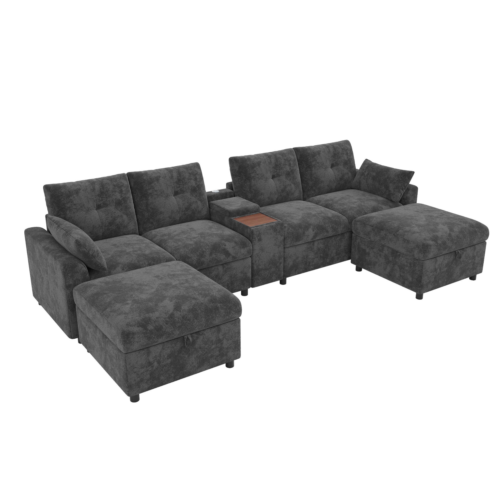 Voir la diapositive 6 : MERAX Canapé d'angle modulable 6 places u/l avec 2 poufs rangement usb type-c chenille
