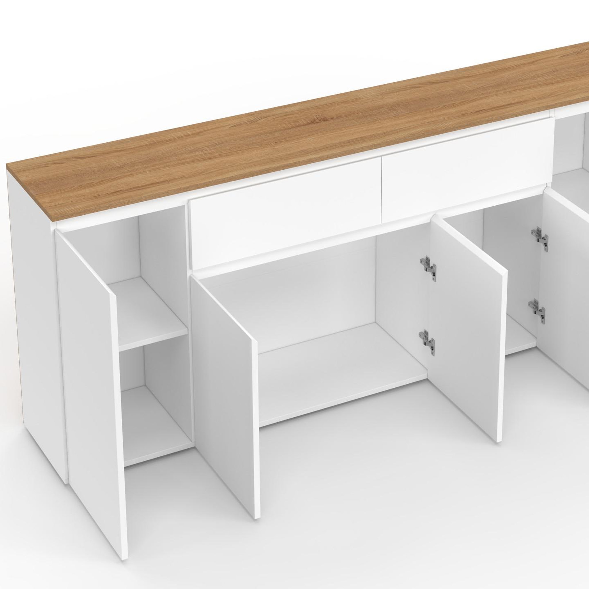 Voir la diapositive 6 : ID MARKET Buffet 180 cm TOBY 5 portes et 2 tiroirs blanc et plateau bois