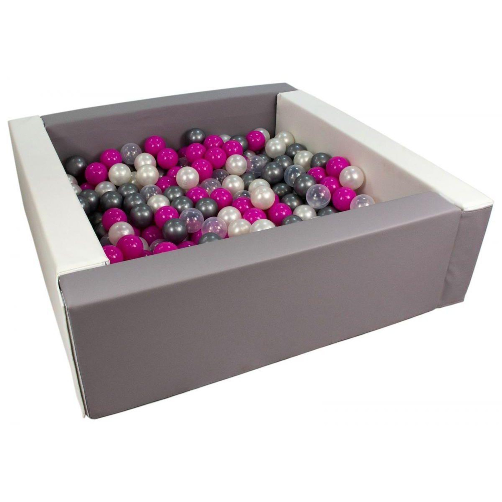 VELINDA Piscine à balles carrée avec 300 balles - blanc, gris/perle, transparent, rose, argent