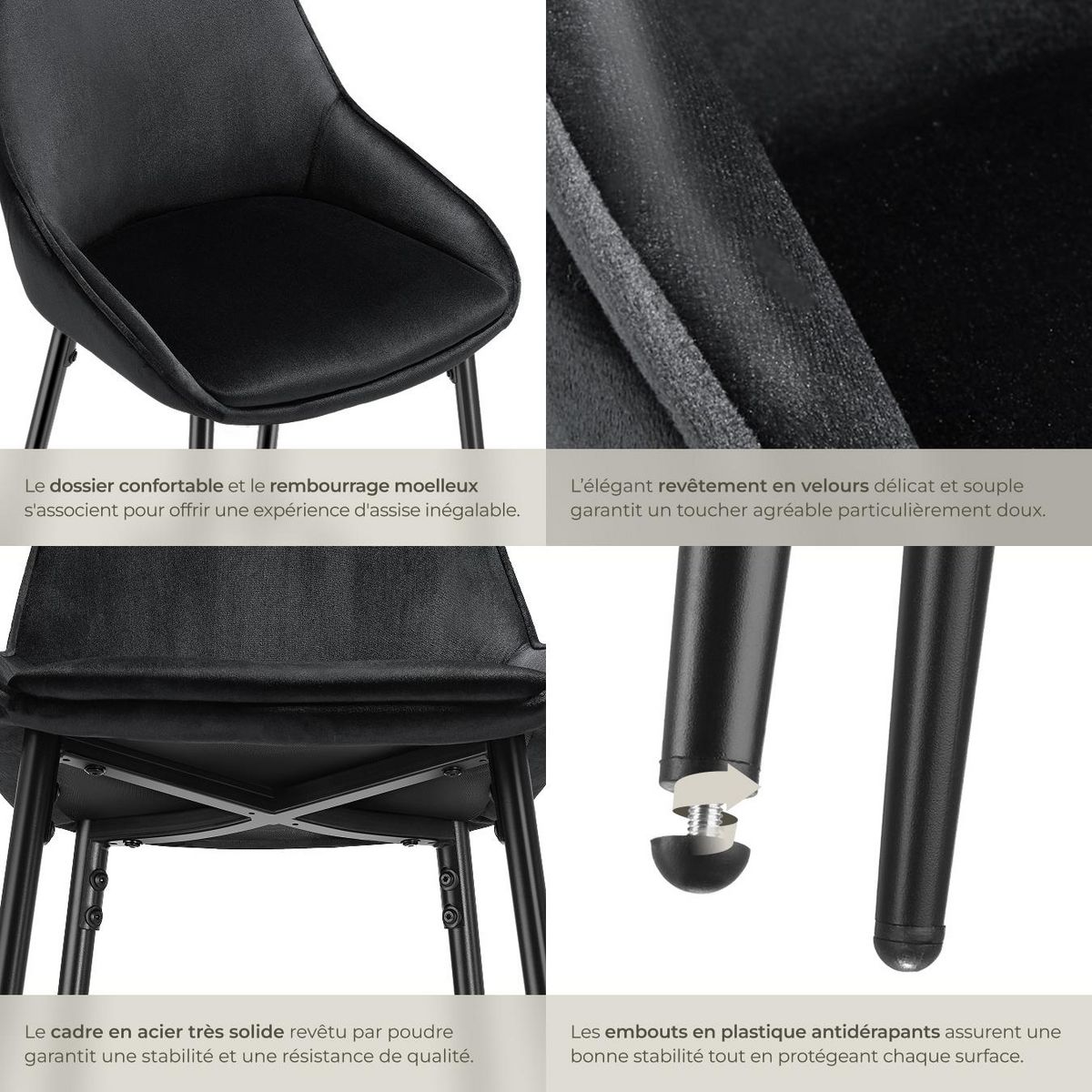 tectake Chaise de bar rembourrée avec une housse douce Aspect velours noir/noir Ensemble de 2 pièces