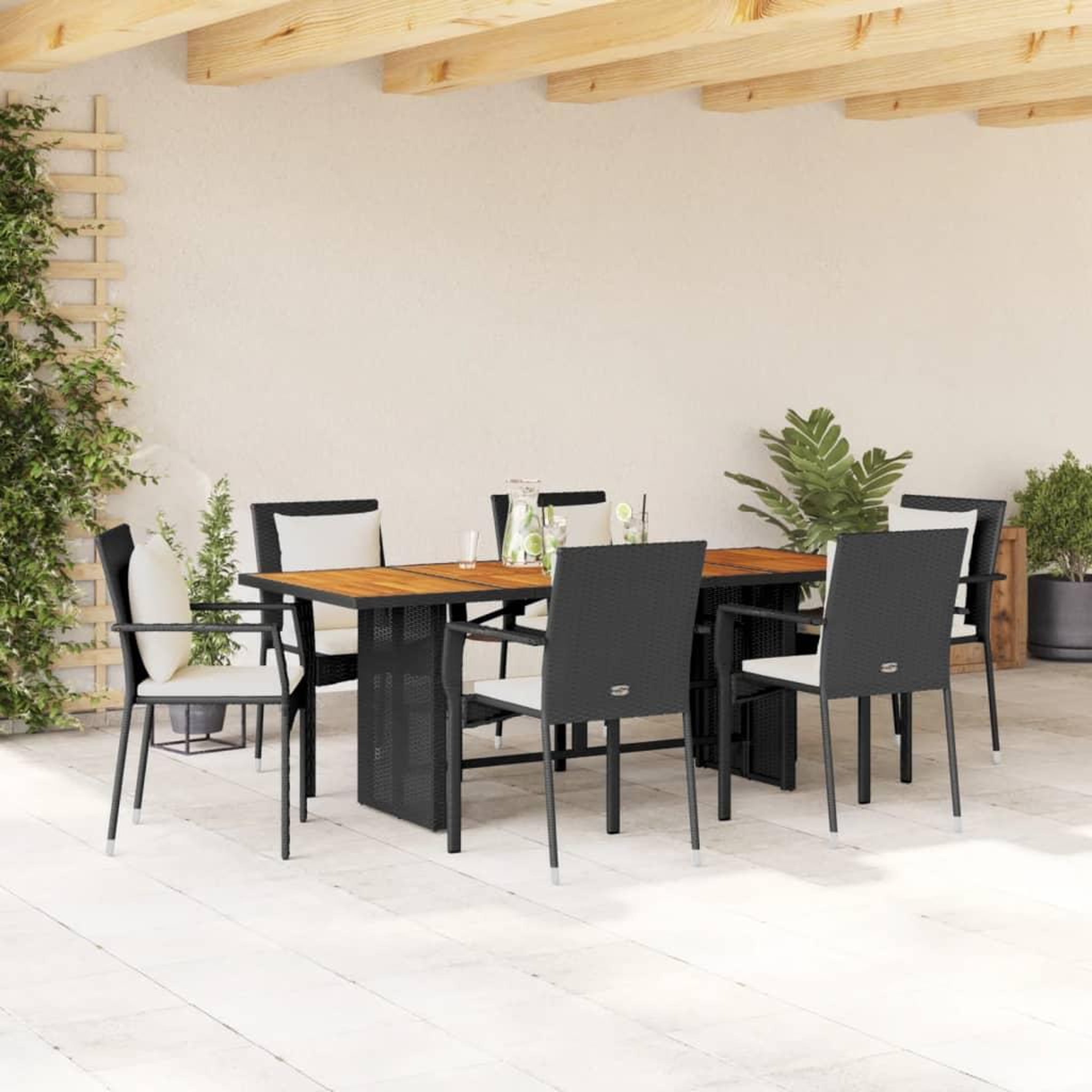VIDAXL Ensemble a manger de jardin coussins 7pcs Noir Resine tressee