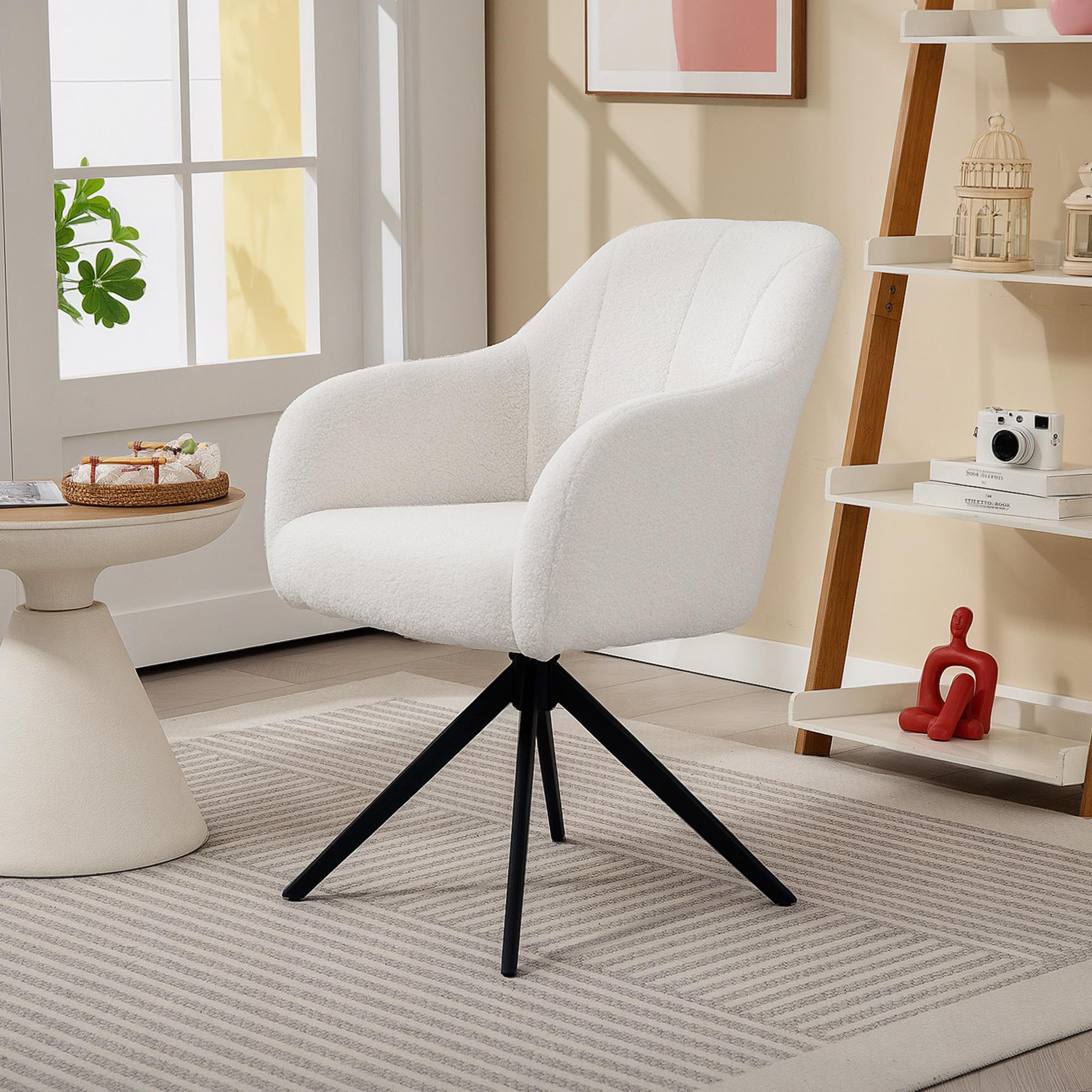 Voir la diapositive 4 : HOMCOM Fauteuil design piètement acier noir 4 branches effet laine bouclée blanc