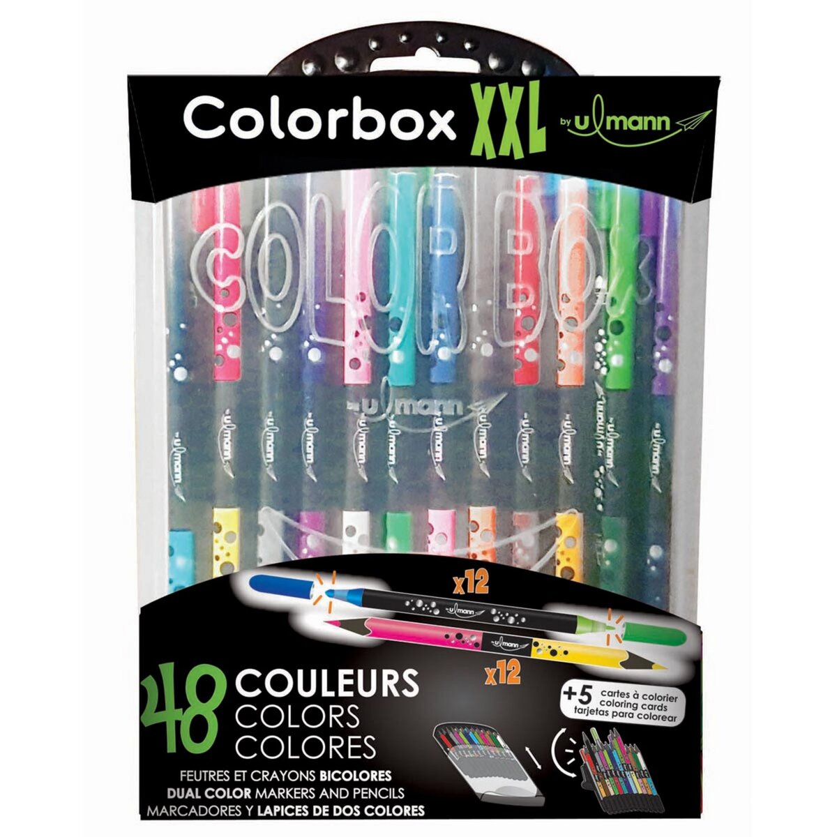 ULMANN Boîte de feutres et crayons de couleurs Colorbox XXL 12 crayons + 12 feutres bicolores