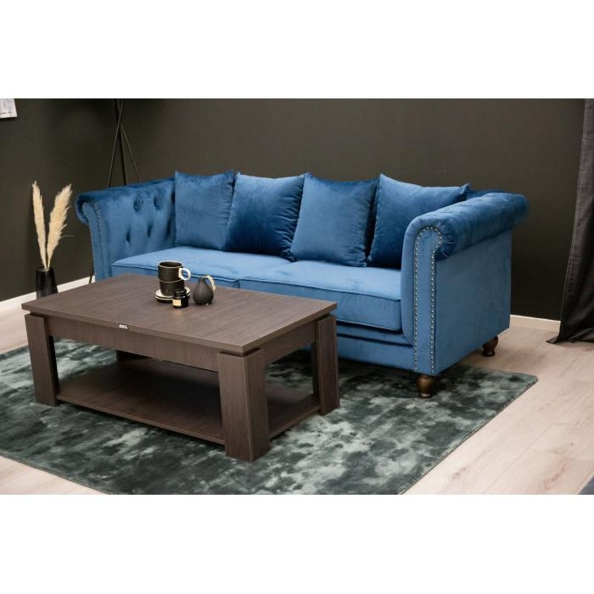 Paris Prix Canapé 3 Places en Velours  Chesterfield  217cm Bleu