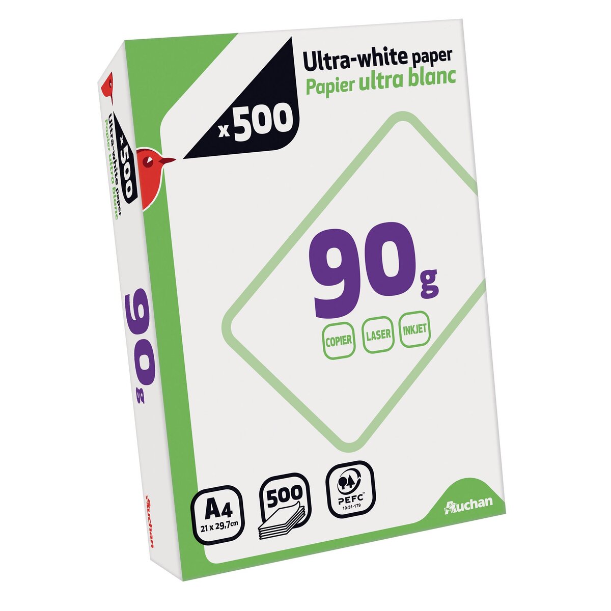 AUCHAN Ramette de papier ultra blanc 500 feuilles A4 &ndash; 90g
