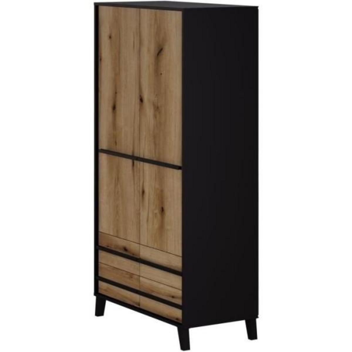 MARKET24 Armoire HEKA 2 portes + 4 tiroirs - Décor noir et chene - L100 x P50 x H180 cm - Fabriqué en Espagne