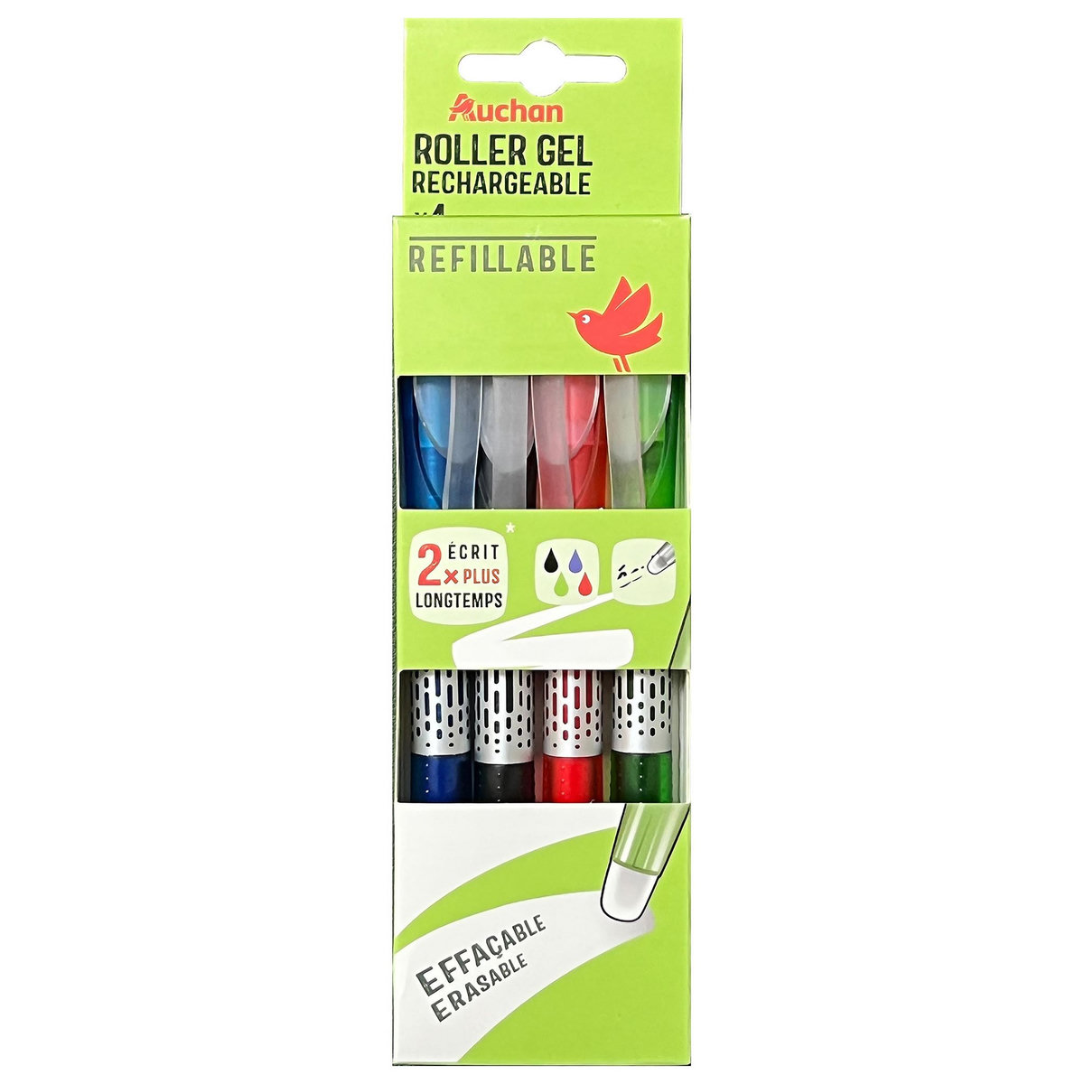 AUCHAN Lot de 4 stylos roller gel effaçables rétractables coloris assortis