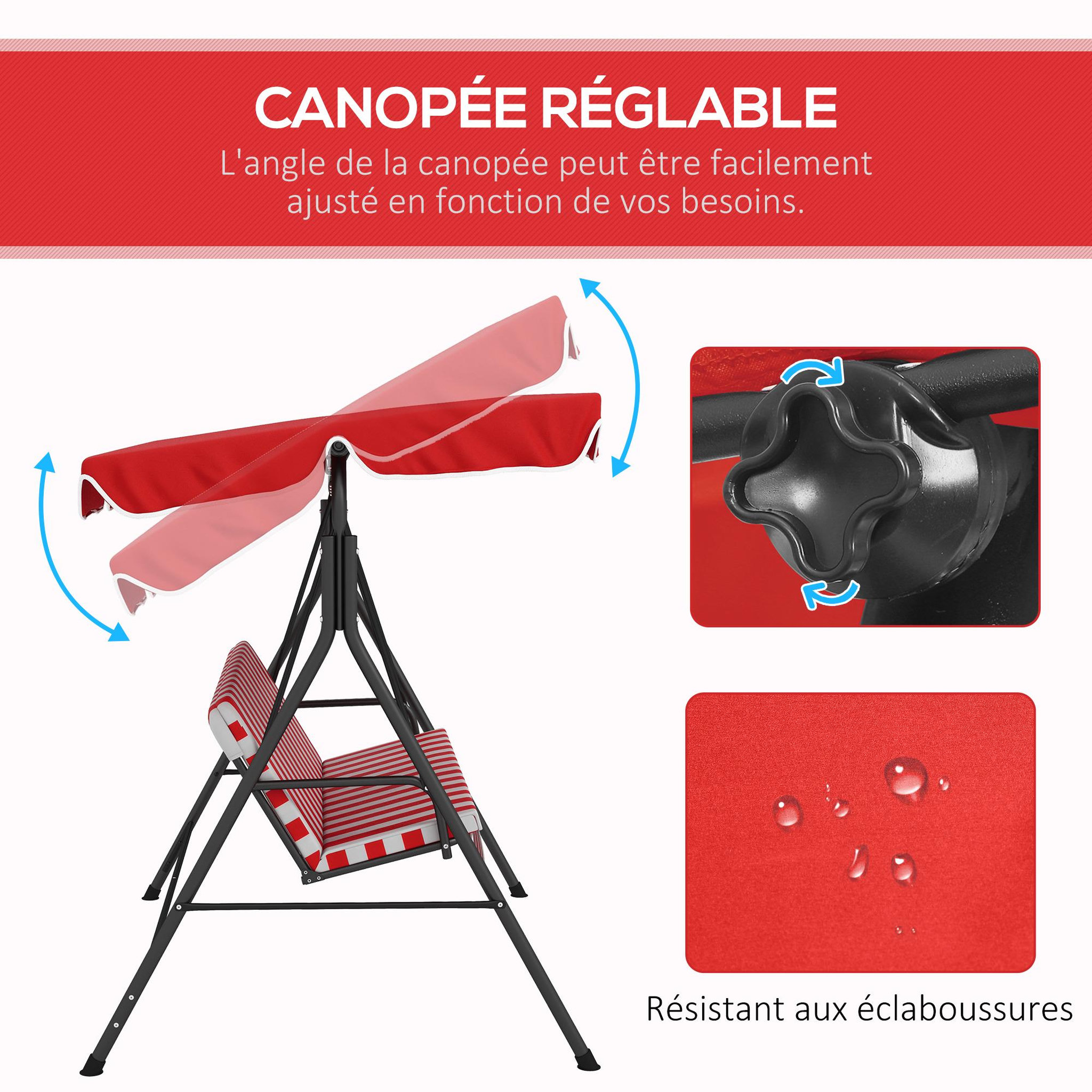Voir la diapositive 5 : OUTSUNNY Balancelle de jardin 3 places toit inclinaison réglable coussins assise et dossier 1,72L x 1,1l x 1,52H m acier noir polyester rouge et blanc