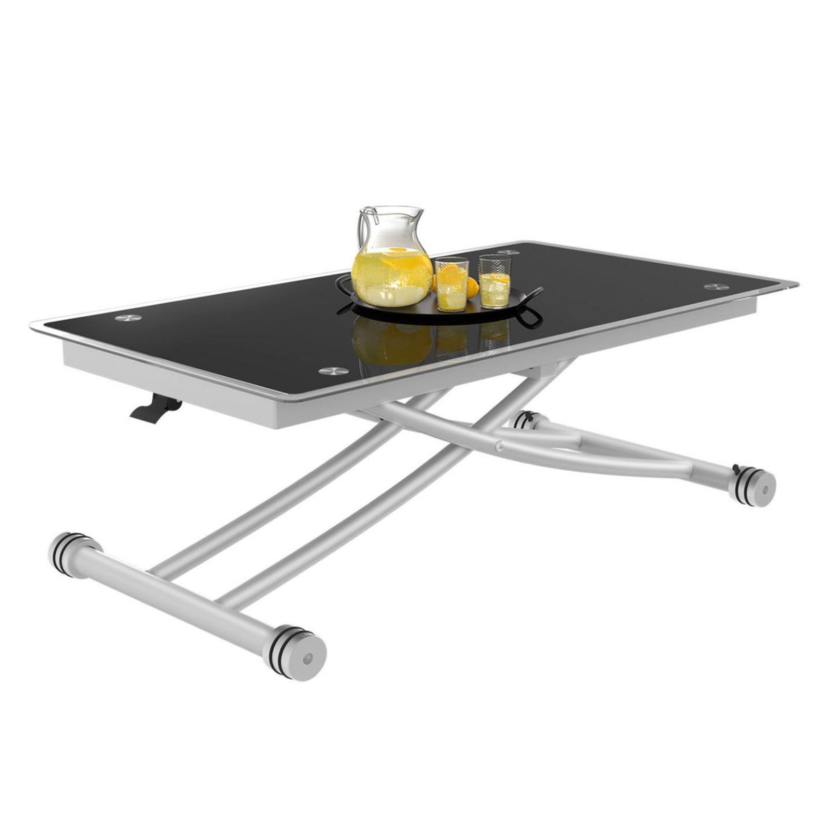 ID MARKET Table basse fixe relevable en table à manger rectangulaire URBANA plateau verre trempé pied chrome