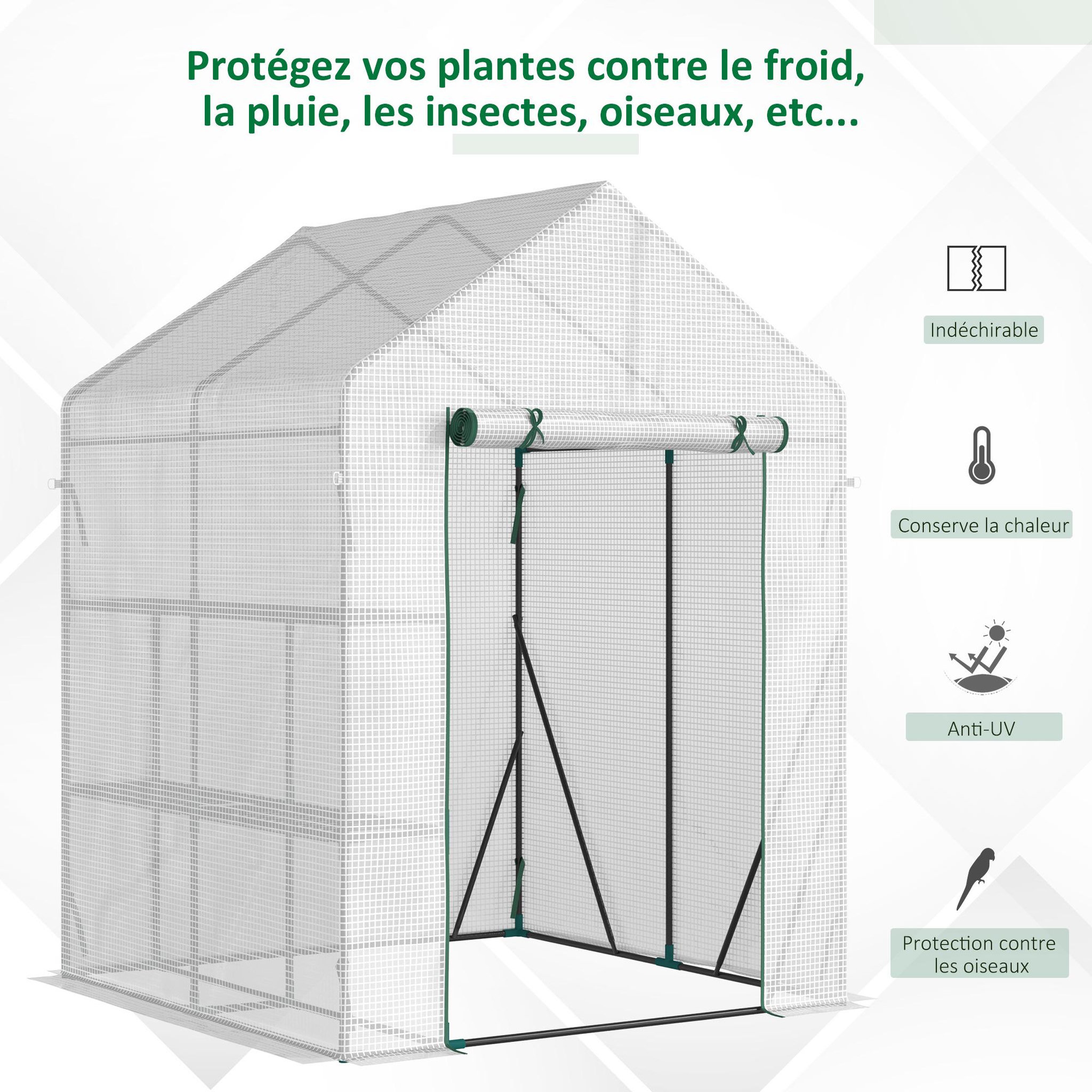 Voir la diapositive 4 : OUTSUNNY Serre de jardin 2 tablettes dim. 1,43l x 1,43l x 1,95h m porte déroulante acier pe haute densité 140 g/m² transparent blanc
