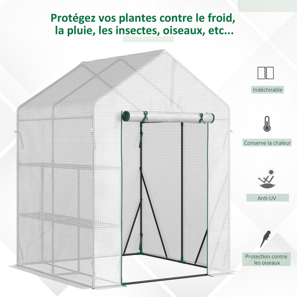 OUTSUNNY Serre de jardin 2 tablettes dim. 1,43L x 1,43l x 1,95H m porte déroulante acier PE haute densité 140 g/m² transparent blanc