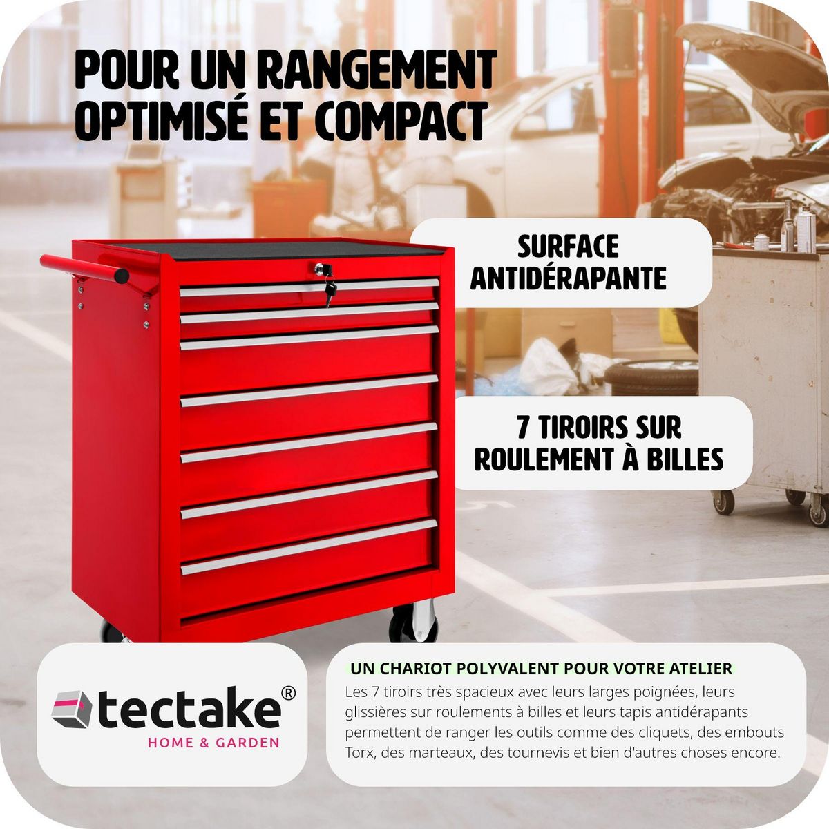 tectake Servante d'atelier 7 tiroirs spacieux verrouillables avec tapis antidérapant rouge