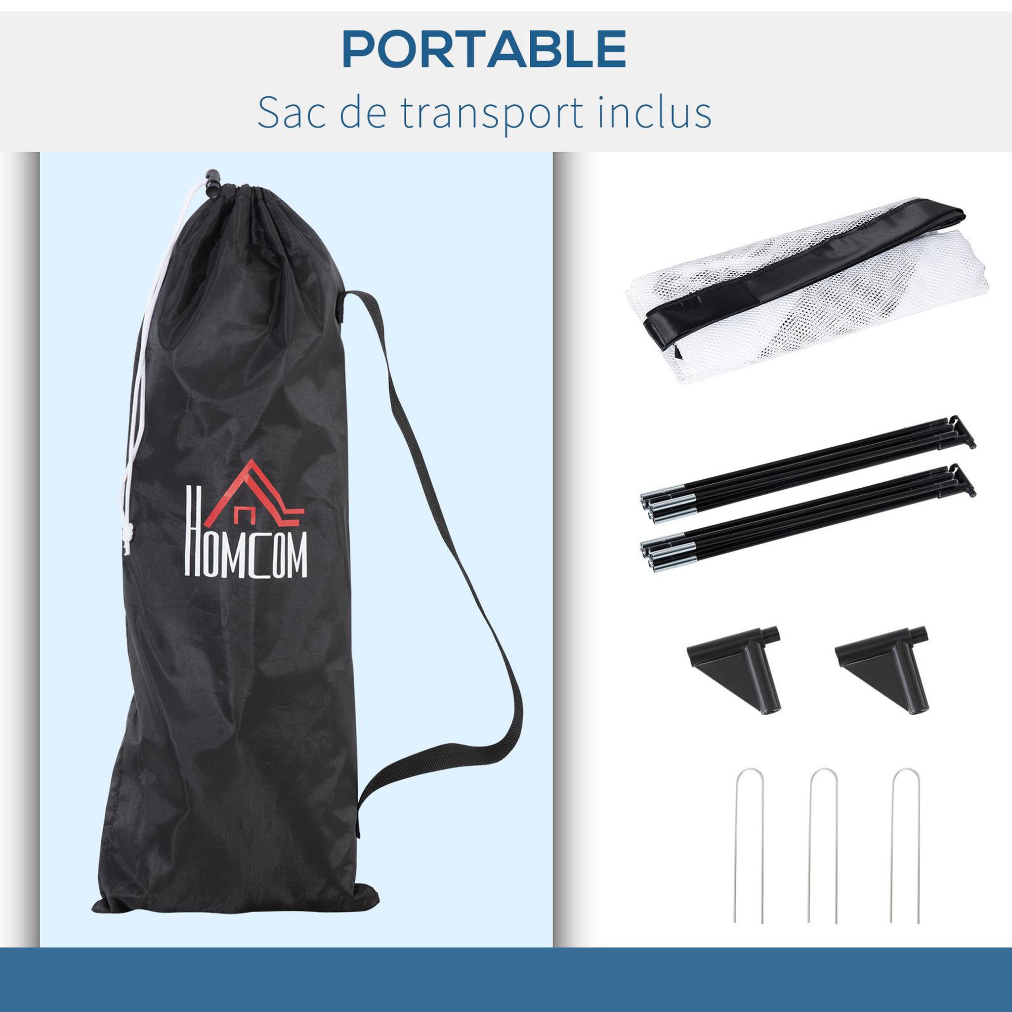 Voir la diapositive 6 : HOMCOM Cage de foot portable - but de football futsal pliable pop up - sac rangement, piquets inclus - dim. 247l x 203l x 201,5h cm - fibre verre oxford noir