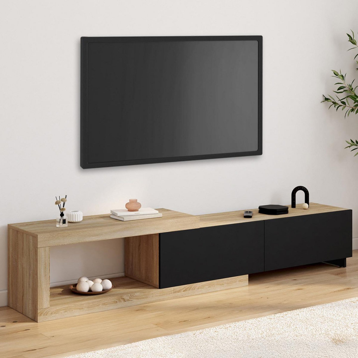 ID MARKET Meuble TV extensible 140-200 cm RAPHAEL 2 portes bois et noir