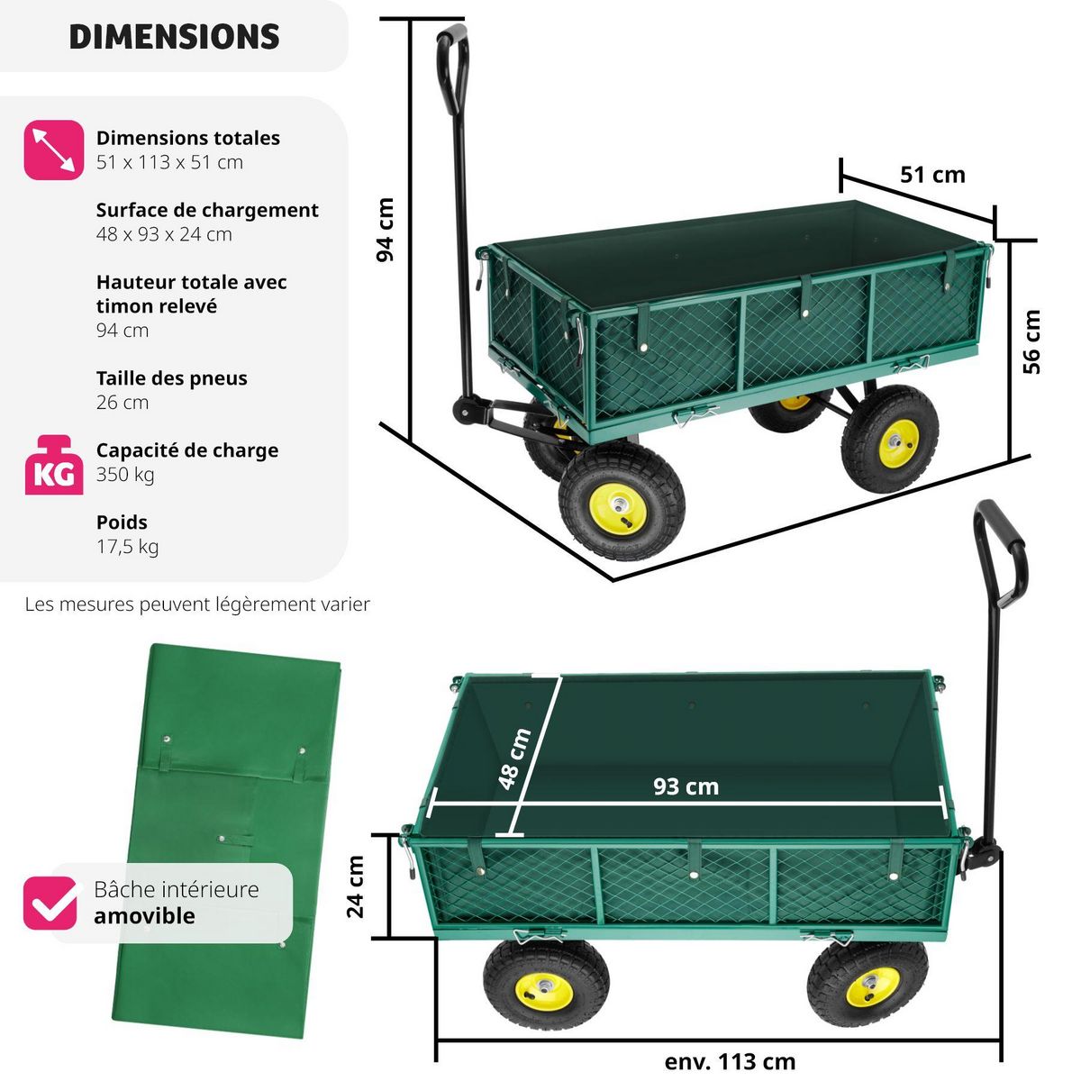 tectake Chariot de jardin et de transport avec des parois latérales rabattables vert