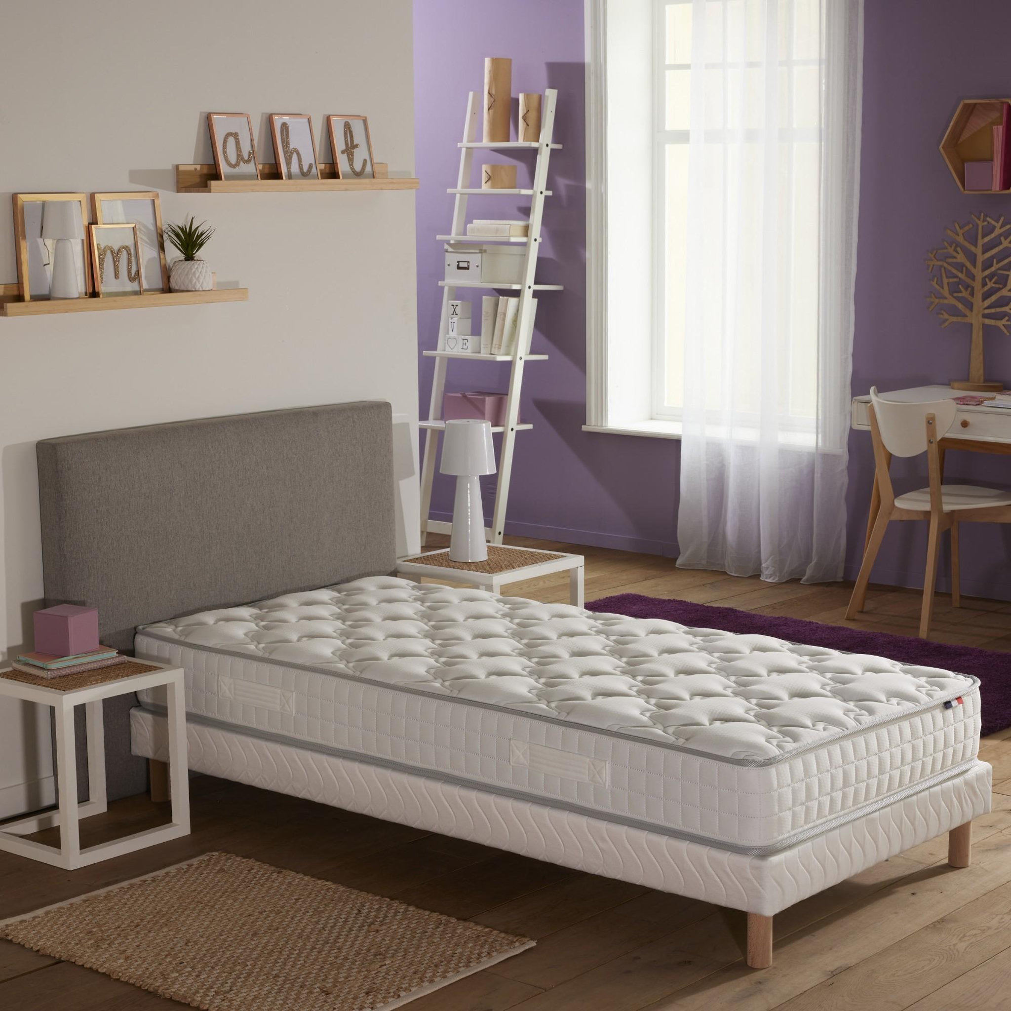 Voir la diapositive 2 : IDLITERIE Ensemble matelas ressorts ensachés spectre + sommier tapissier 90 x 200 cm sommier blanc