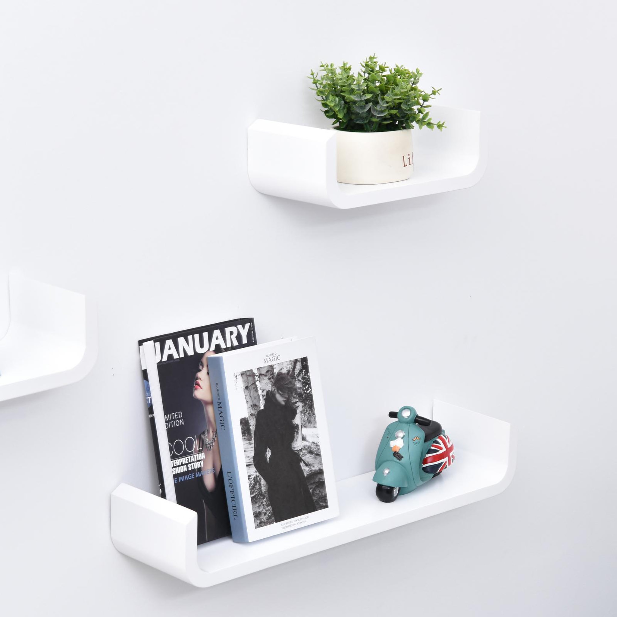Voir la diapositive 6 : HOMCOM Lot de 3 étagères murales flottantes - design contemporain courbé - kit fixation inclus - MDF blanc