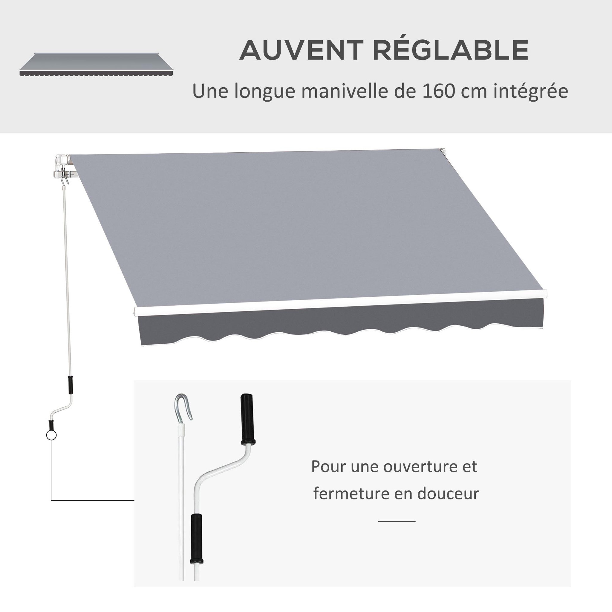 Voir la diapositive 4 : OUTSUNNY Store banne manuel rétractable dim. 2,5L x 2l (avancée) m  alu. polyester imperméabilisé haute densité gris
