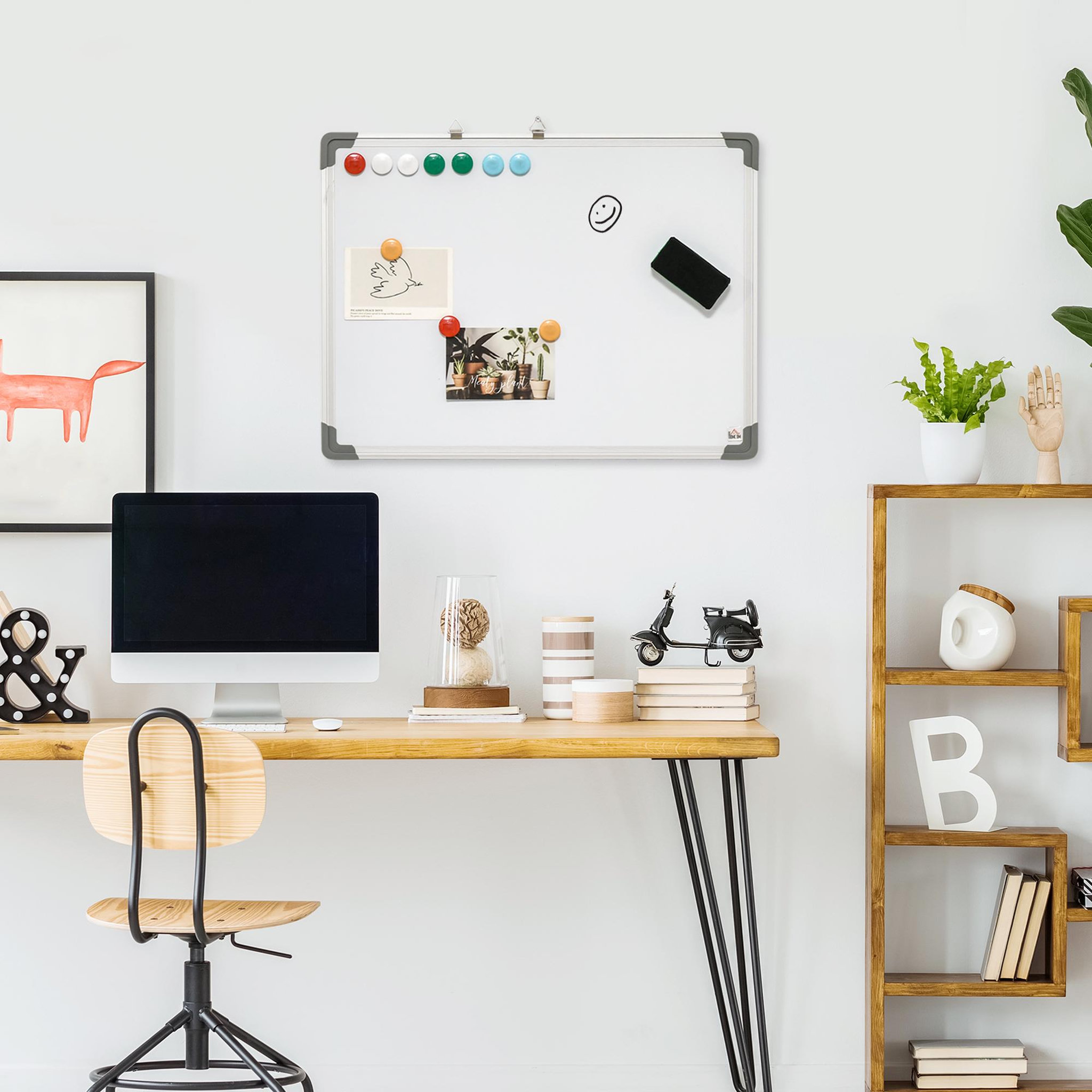 Voir la diapositive 2 : HOMCOM Tableau blanc aimanté magnétique dim. 60l x 45h cm nombreux accessoires inclus cadre aluminium