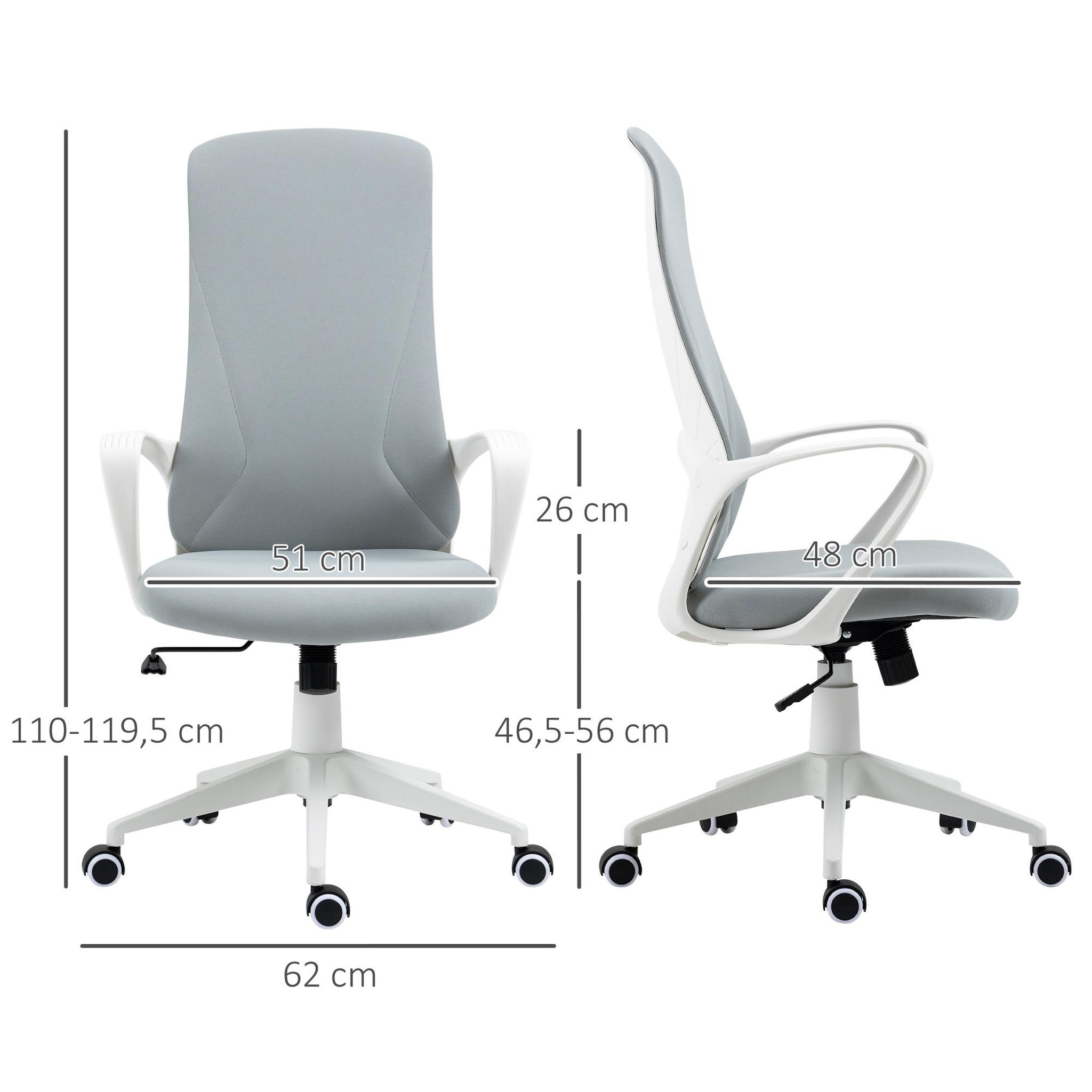 Voir la diapositive 3 : VINSETTO Fauteuil de Bureau ergonomique avec accoudoirs et roulettes pivotant - Fonction Inclinaison et Hauteur réglable dim. 62L x 56l x 119,5H cm - Gris clair
