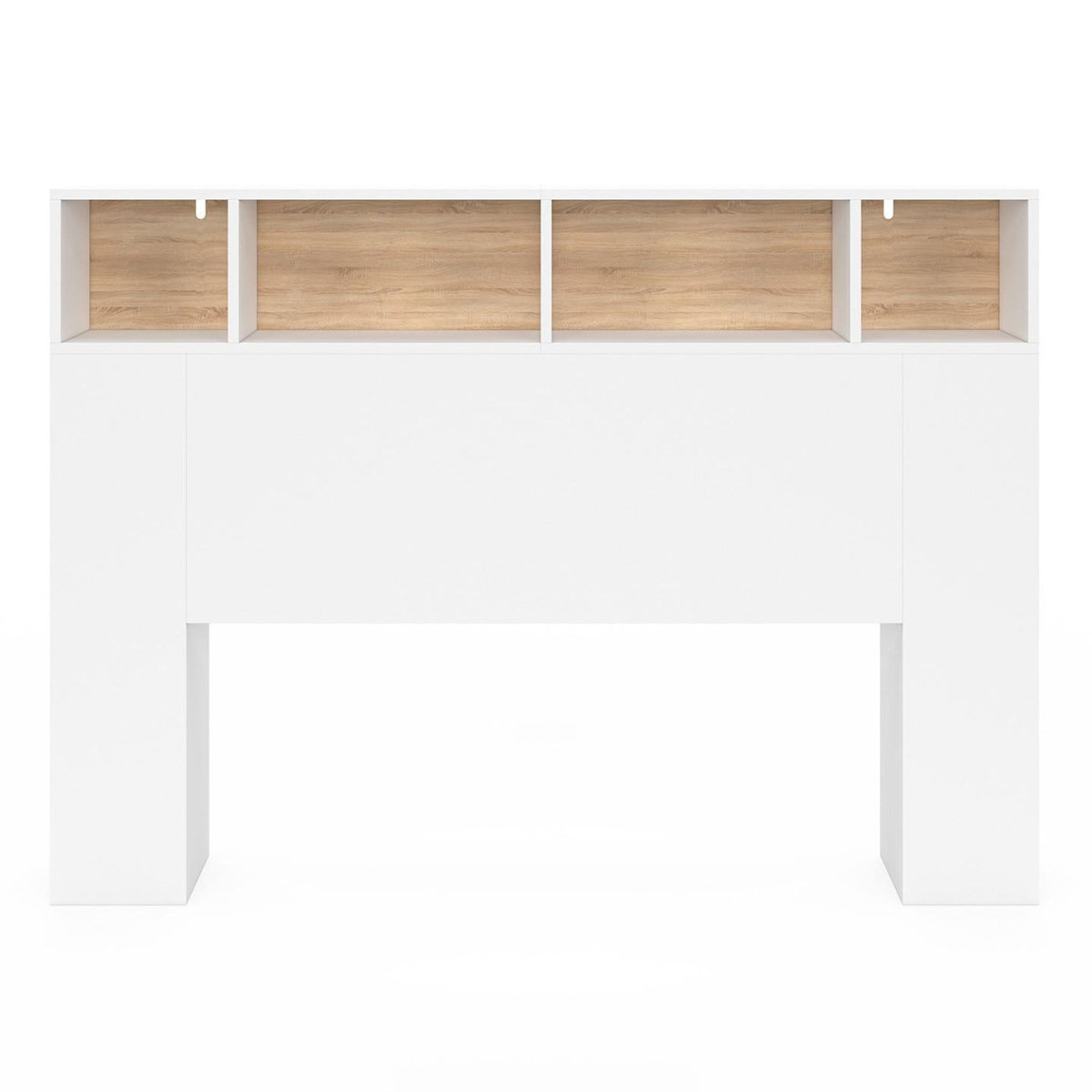 ID MARKET Tête de lit sur pied CLEO 145 cm avec rangements fermés et niches blanc et façon hêtre