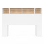 Voir la diapositive 3 : ID MARKET Tête de lit sur pied CLEO 145 cm avec rangements fermés et niches blanc et façon hêtre