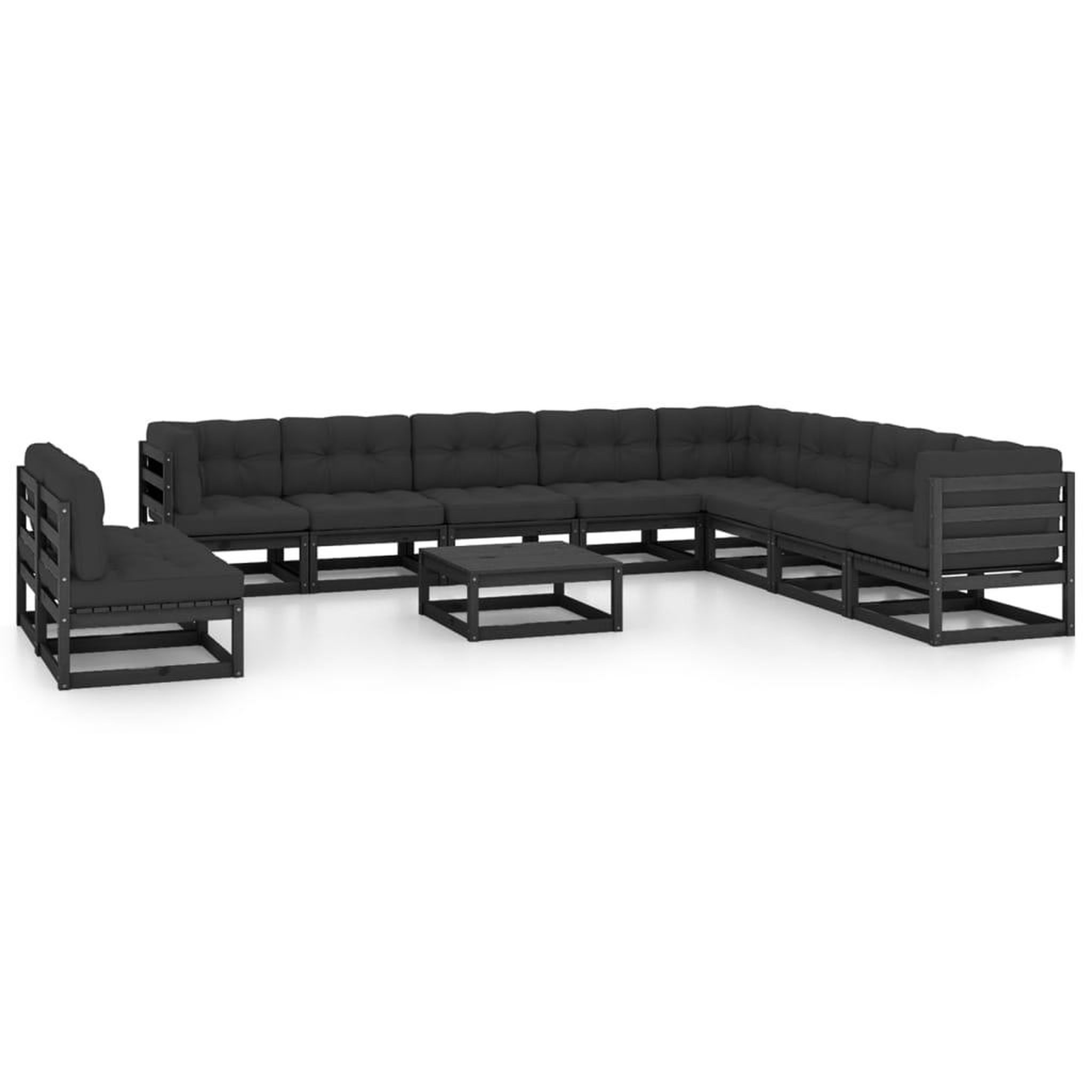 Voir la diapositive 1 : VIDAXL Salon de jardin 11 pcs avec coussins Noir Bois de pin massif