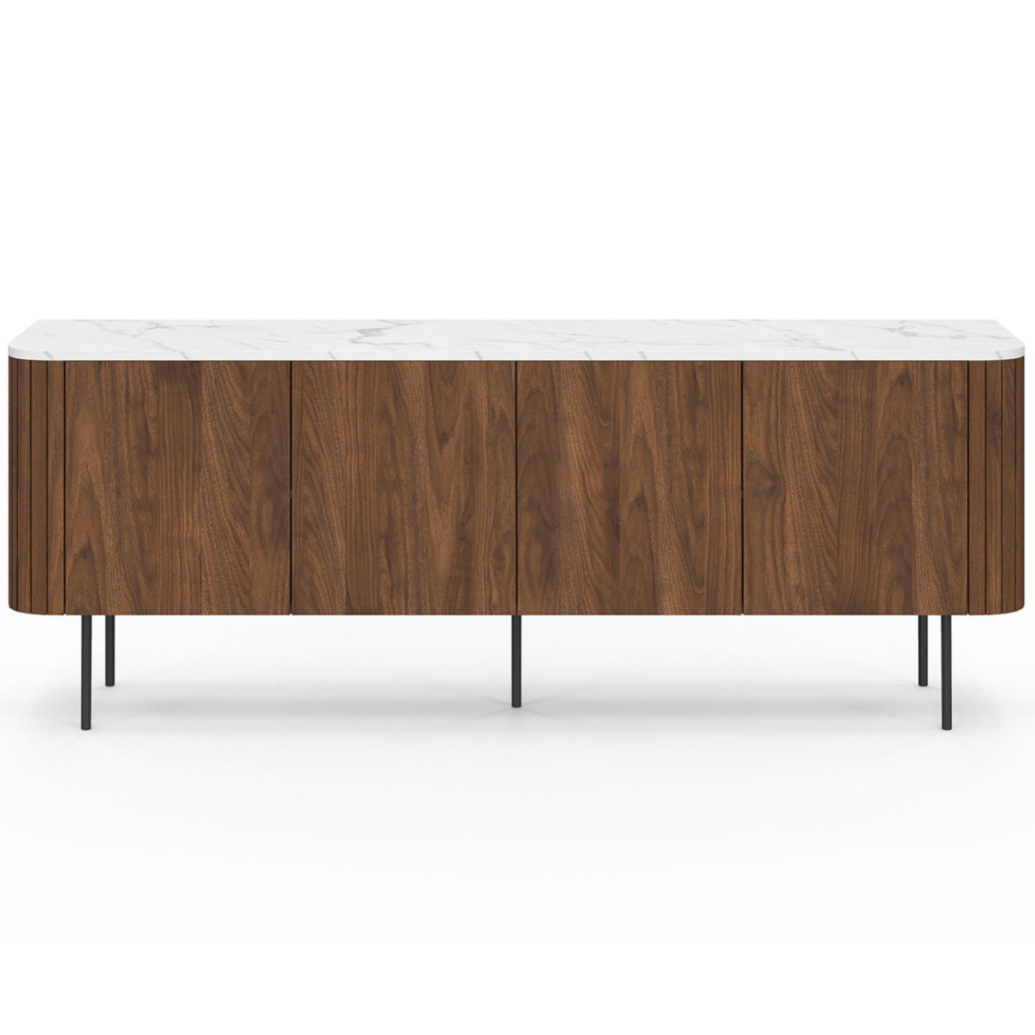 Voir la diapositive 3 : ID MARKET Buffet bas 160 cm marla 4 portes effet noyer et lattes et plateau marbre blanc alaska