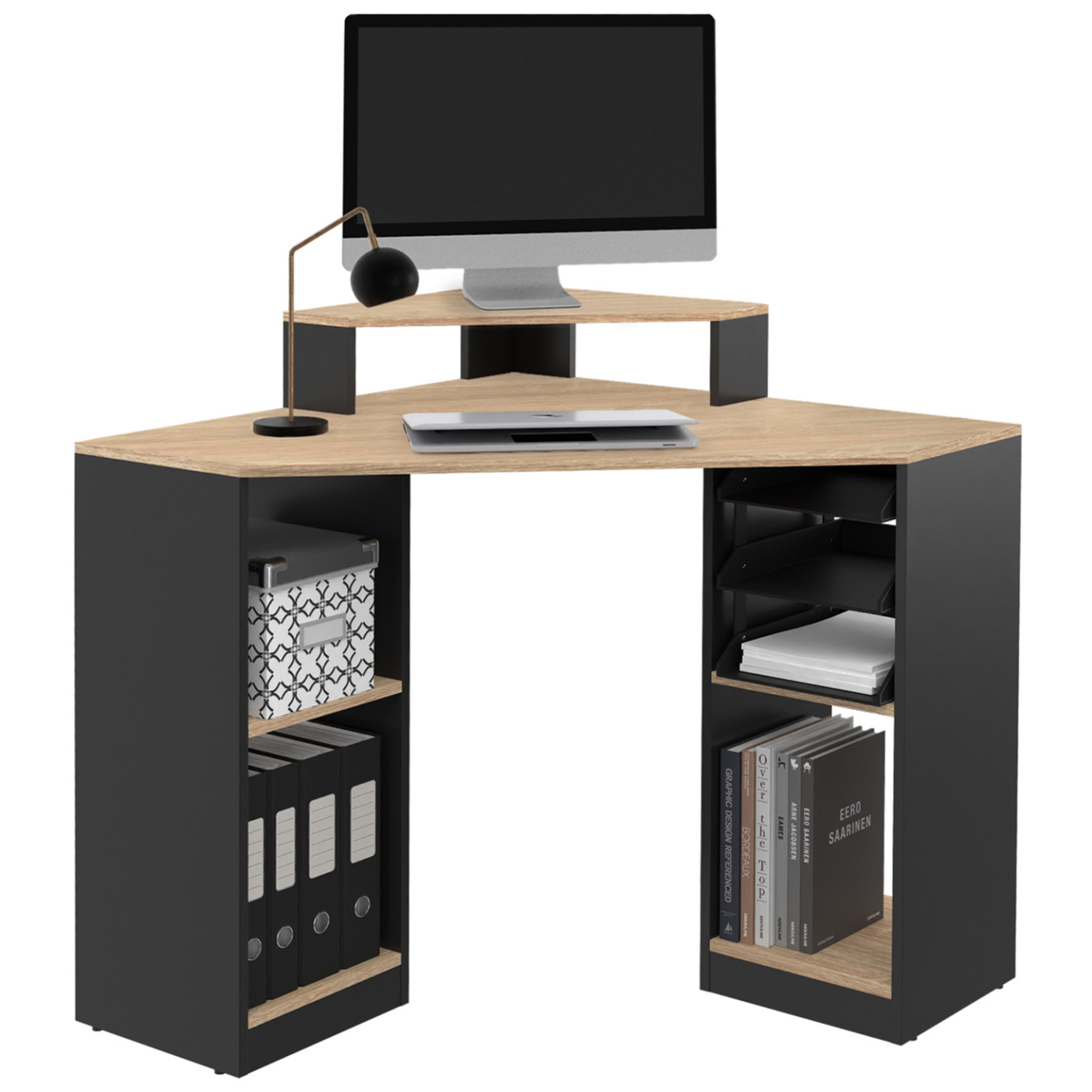 ID MARKET Bureau d'angle harry noir et façon hêtre gain de place bureau informatique avec rangements