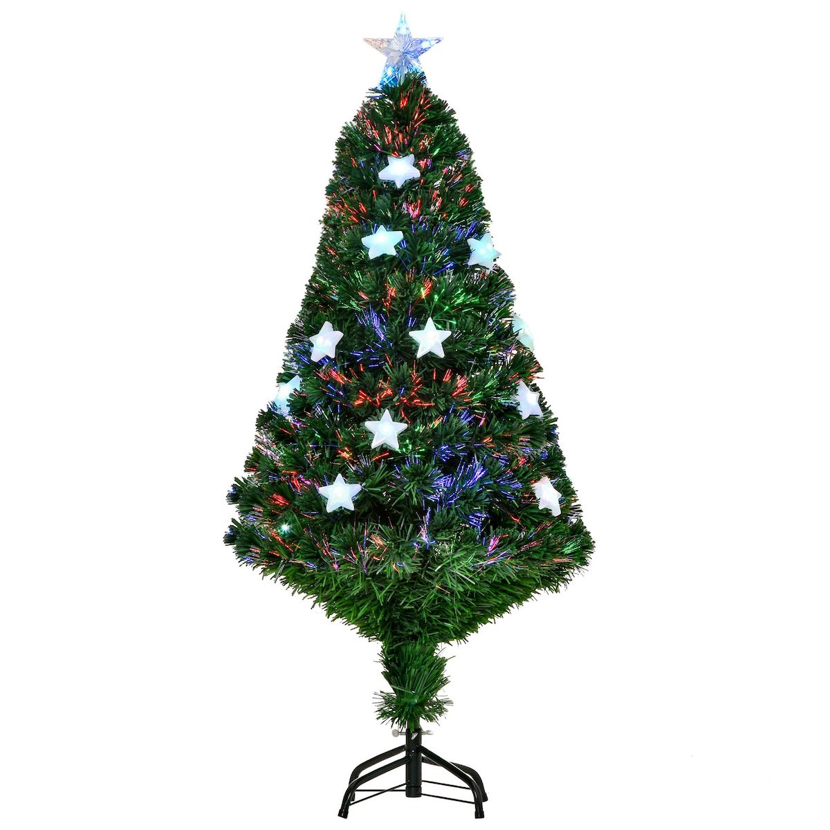 HOMCOM Sapin de Noël artificiel lumineux fibre optique LED multicolore + support pied Ø 60 x 120H cm 130 branches étoile sommet brillante vert