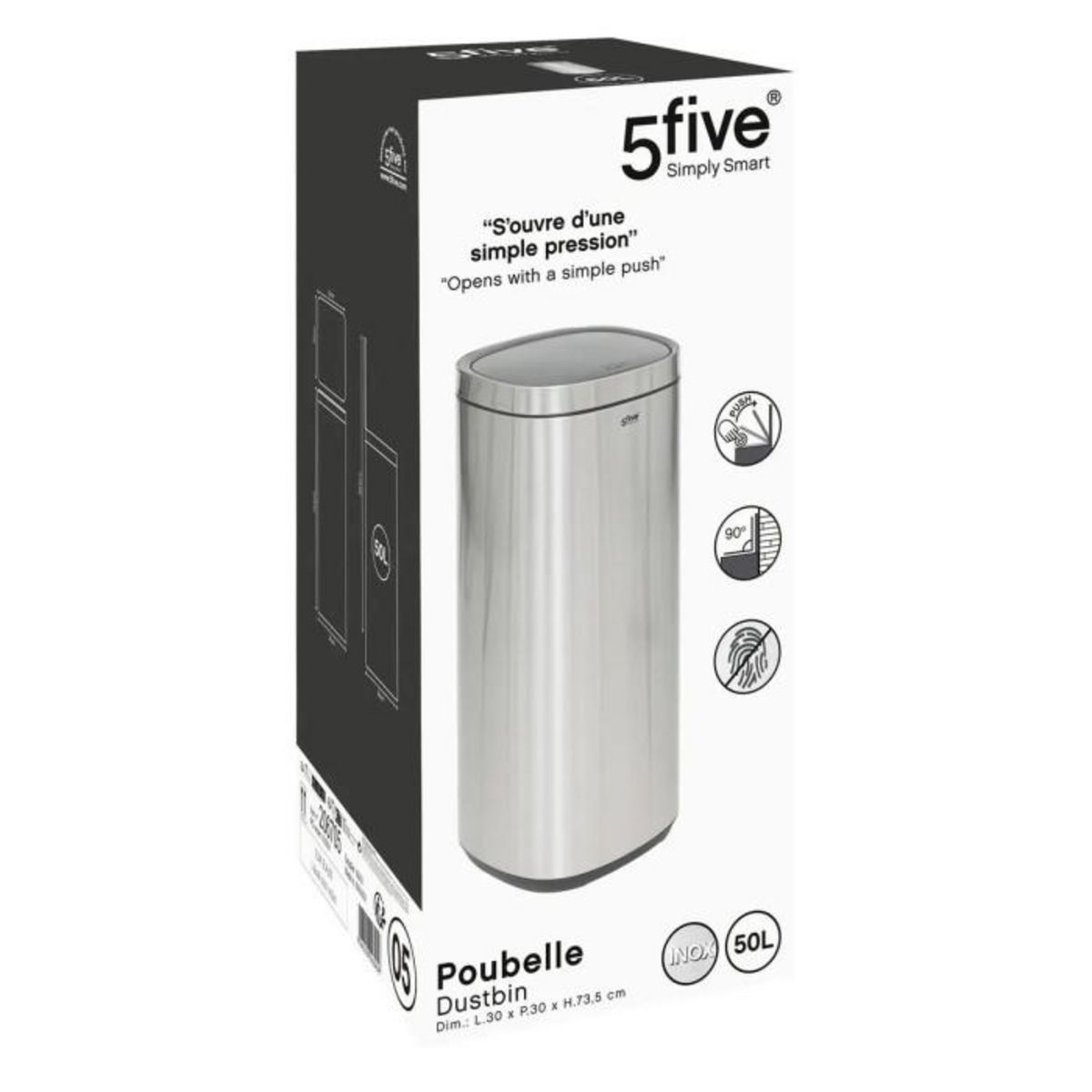 FIVE Poubelle de Cuisine Ouverture Pression  Inox  50L Argent
